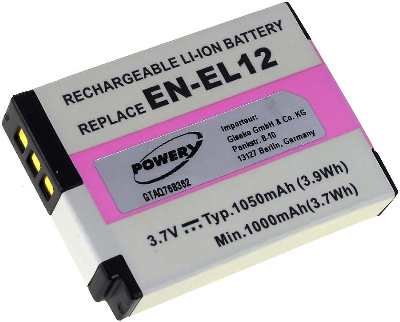Batería negra y rosa con la etiqueta 'RECHARGEABLE LI-ION BATTERY'. Tiene texto blanco y es blanca en la parte trasera.