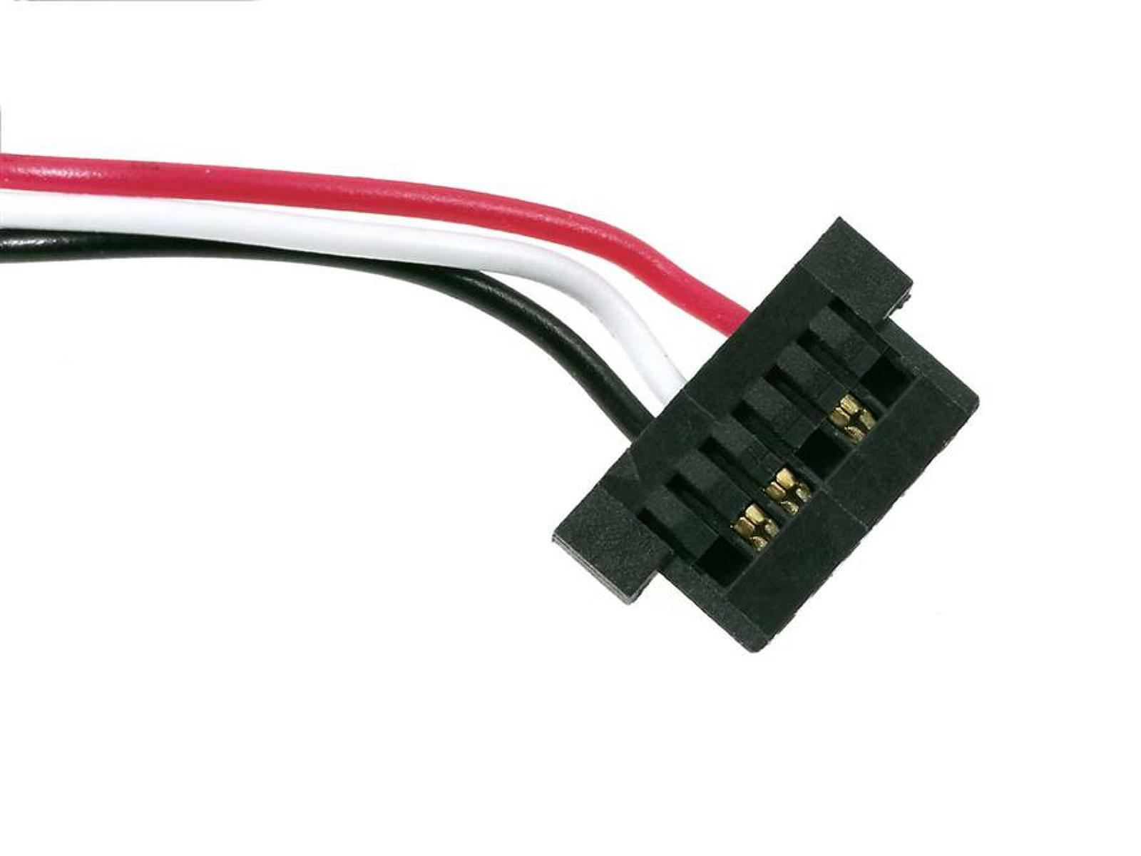 Conector negro con 3 cables: rojo, blanco y negro. Fondo blanco.