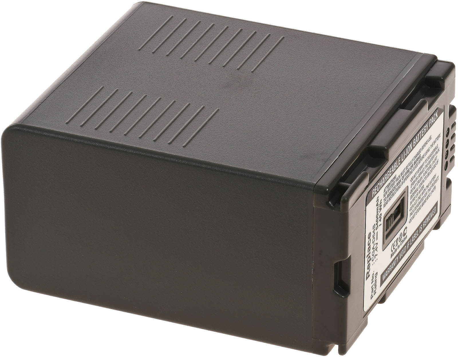 Paquete de baterías rectangular gris oscuro con algunas líneas anguladas en la parte superior y una etiqueta blanca.