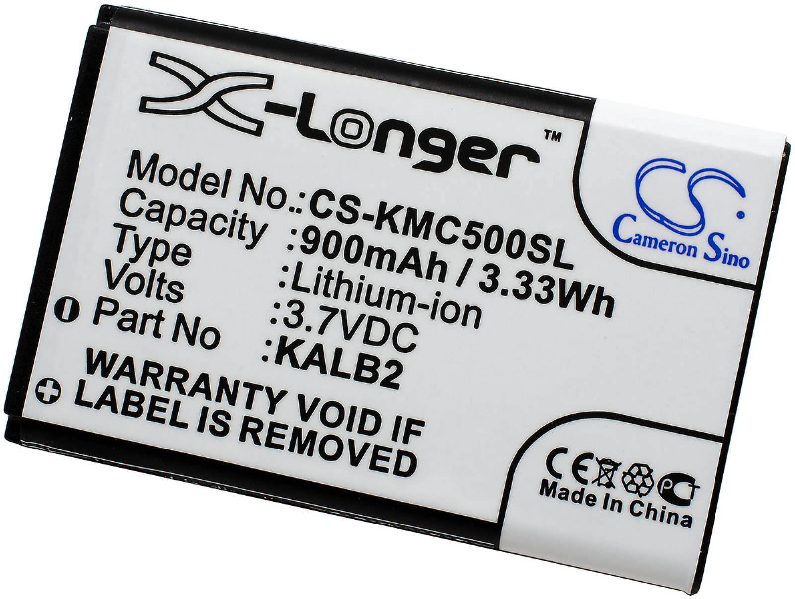 Batería rectangular blanca y negra con texto. Tiene un logo 'X-Longer' y detalles técnicos sobre capacidad y voltaje.