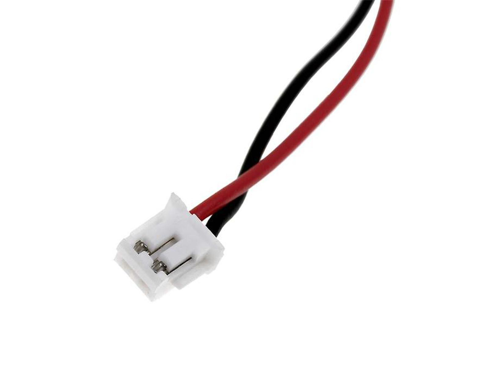 Ein weißer elektrischer Stecker mit zwei Drähten, einem roten und einem schwarzen, die sich davon erstrecken.