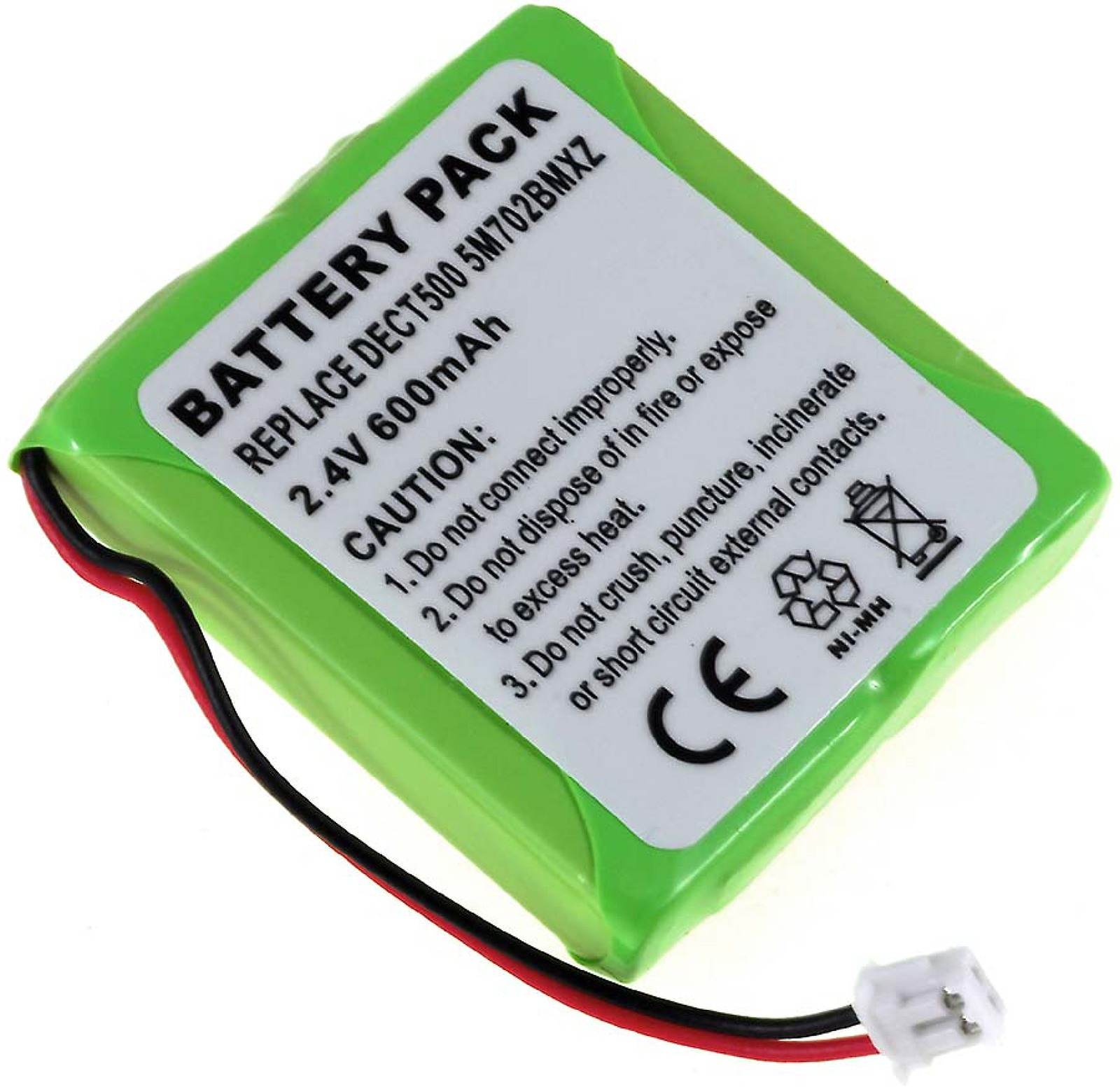 Ein grünes Akku-Pack mit weißem Etikett. Es hat schwarze und rote Drähte und einen weißen Stecker.