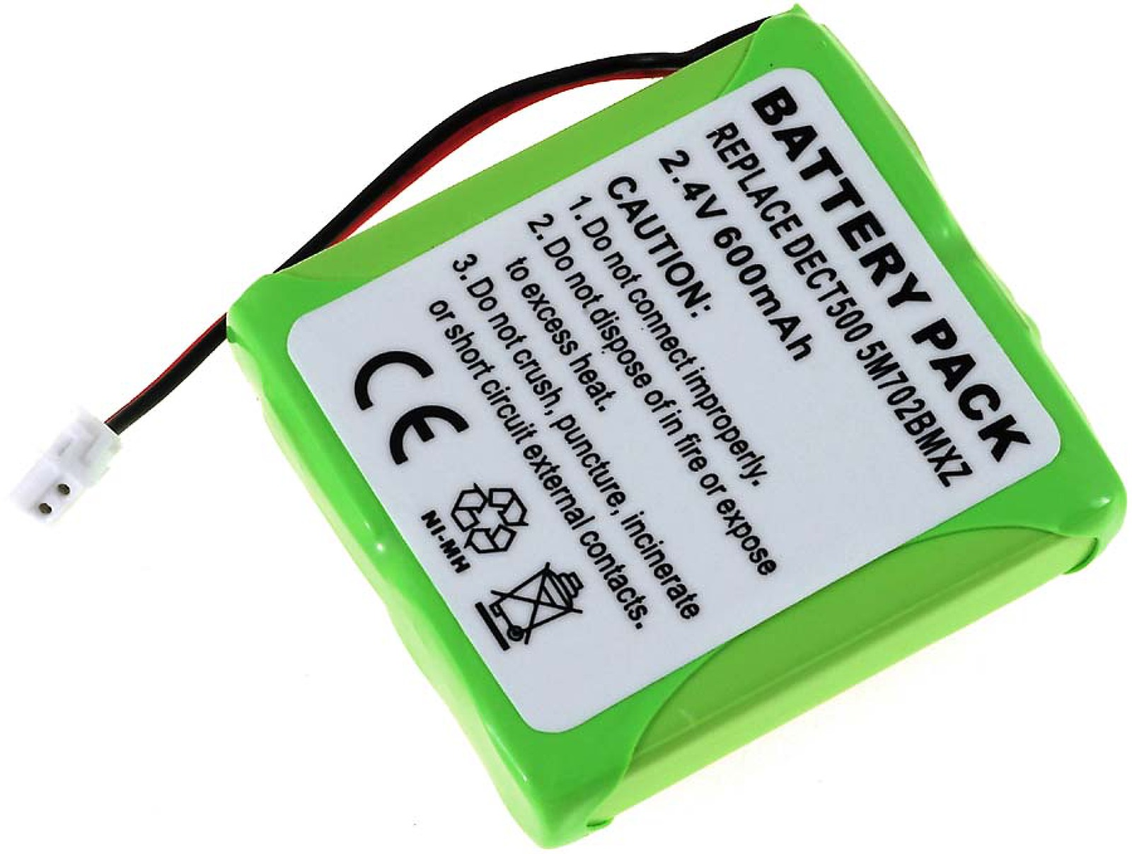 Ein grünes Batteriepack mit Etikett, das Spezifikationen und Warnungen enthält.