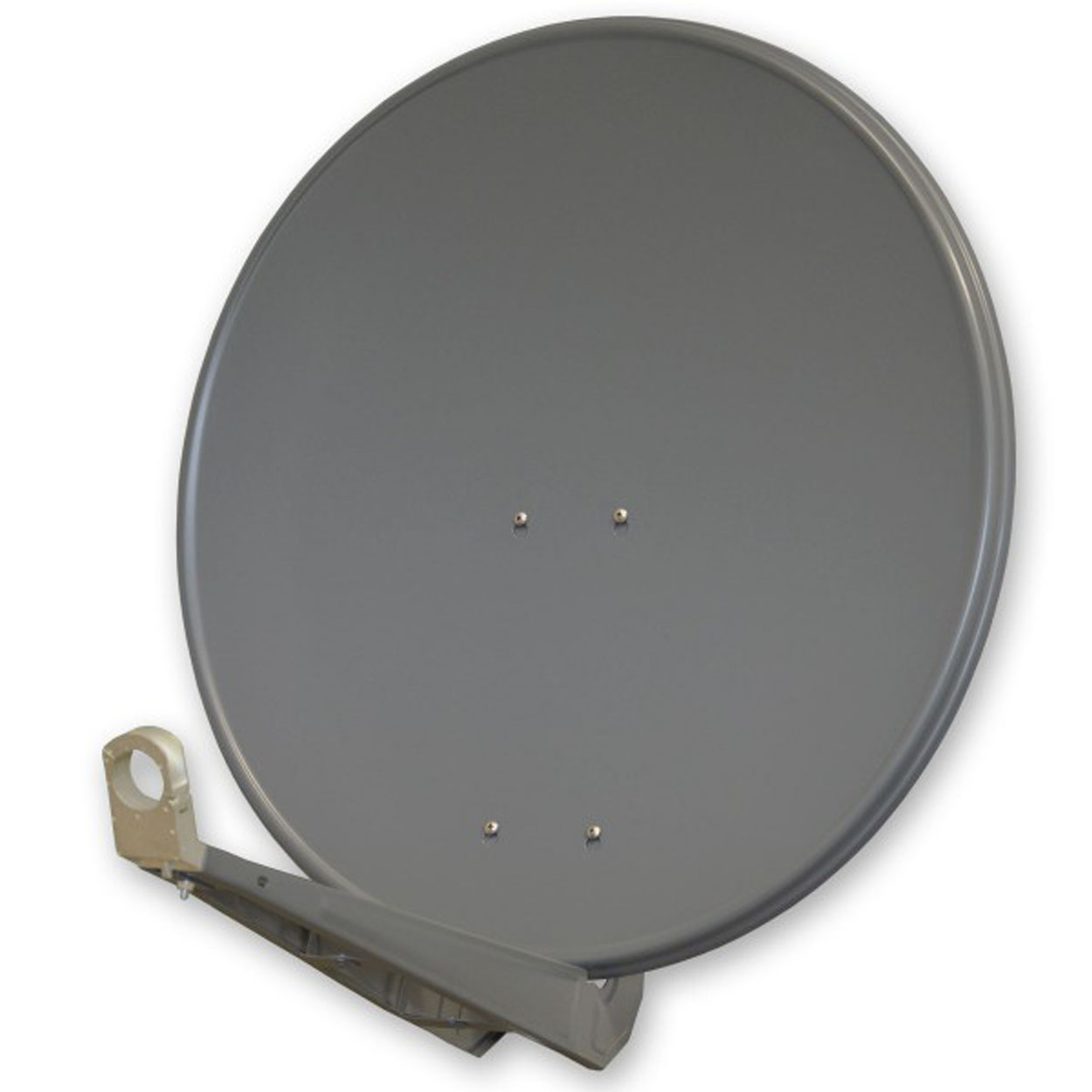 Eine graue Satellitenschüssel. Die Schüssel ist rund und hat einen daran befestigten Tragarm.