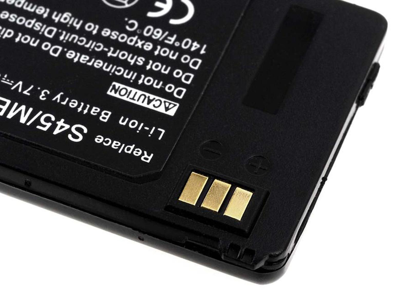 Primer plano de una batería de iones de litio negra y amarilla con contactos dorados. Texto visible: S45/ME. Fondo blanco.
