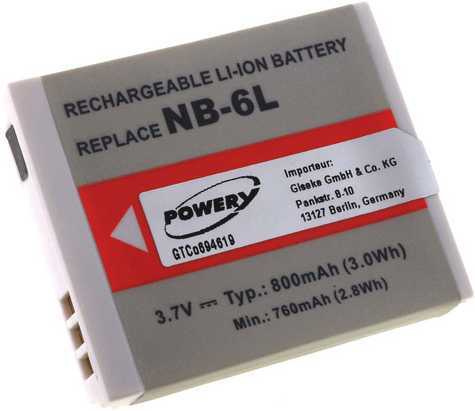 Un paquete de baterías con texto blanco, rojo y negro. Dice "RECHARGEABLE LI-ION BATTERY".