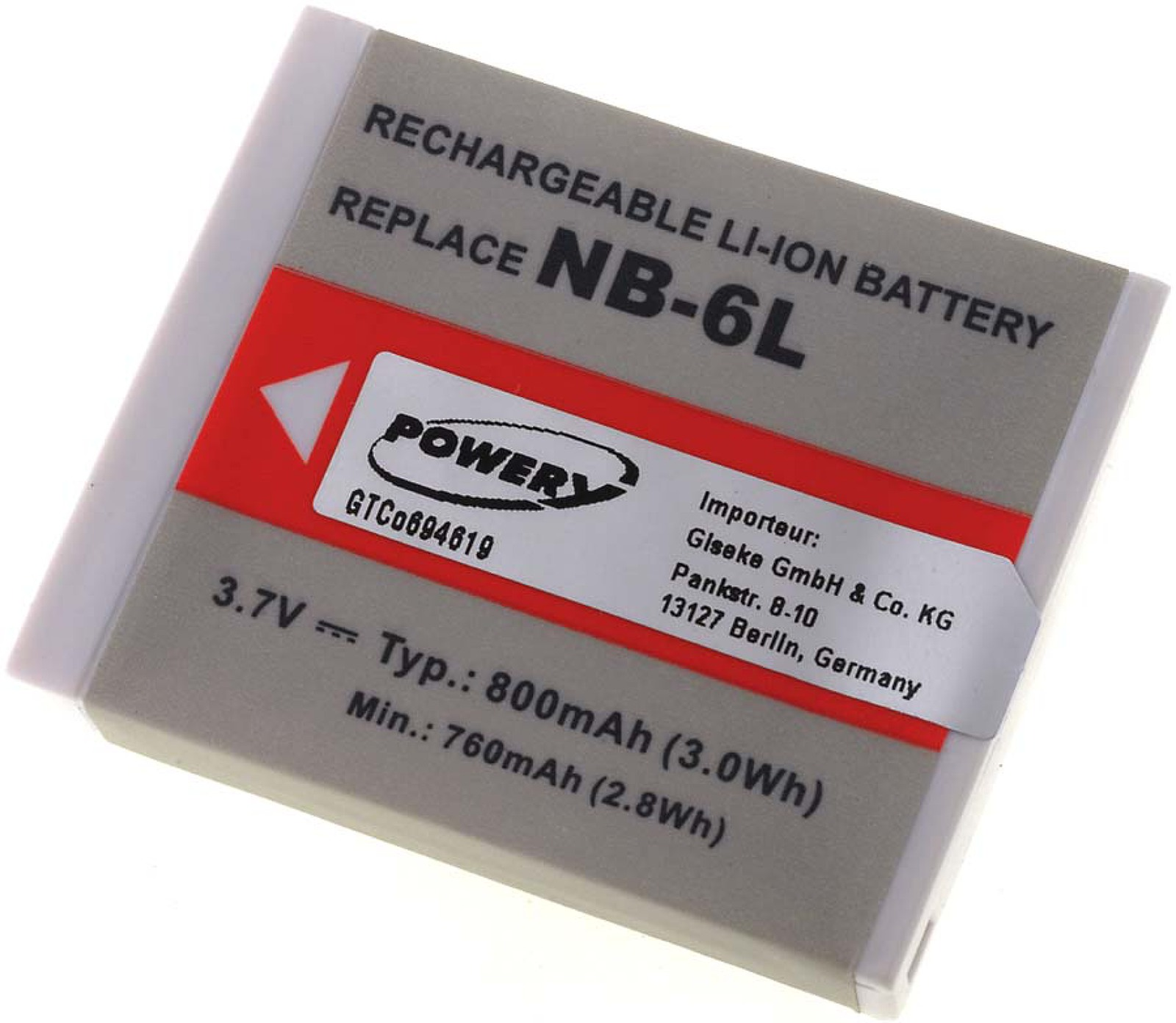 Un paquete de baterías gris y rojo con la etiqueta 'REPLACE NB-6L BATTERY', texto y logo en una superficie blanca.