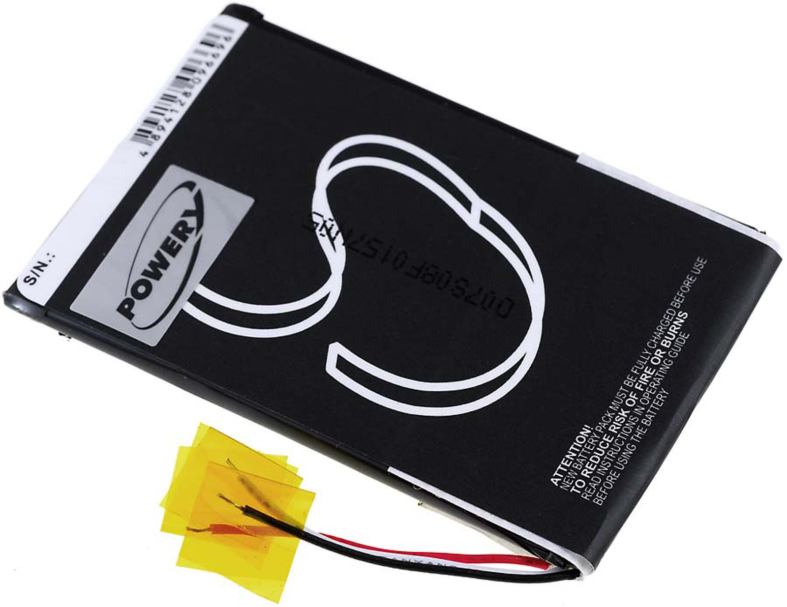 Una batería en blanco y negro, con cinta amarilla y cables adjuntos.