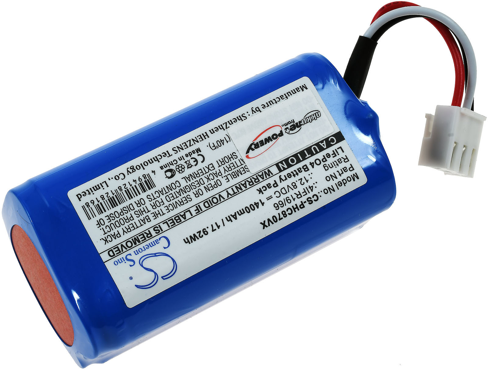 Ein blauer Akku mit weißem Text und Logos, mit einem weißen Stecker und roten Drähten.