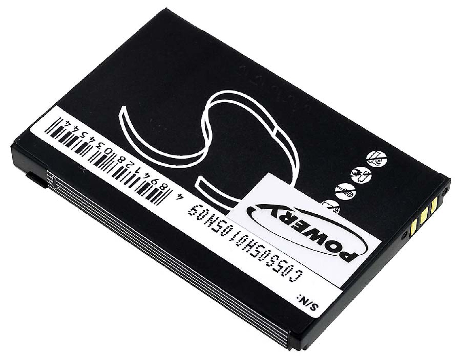 Paquete de baterías rectangular negro con una etiqueta blanca y código de barras.