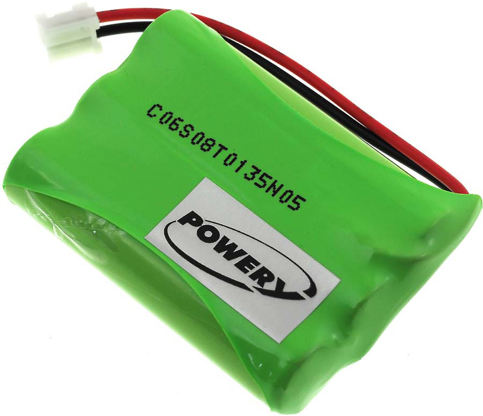 Batería verde con etiqueta blanca. Tiene bordes curvos y un conector blanco con cables. La etiqueta dice 'POWER'.