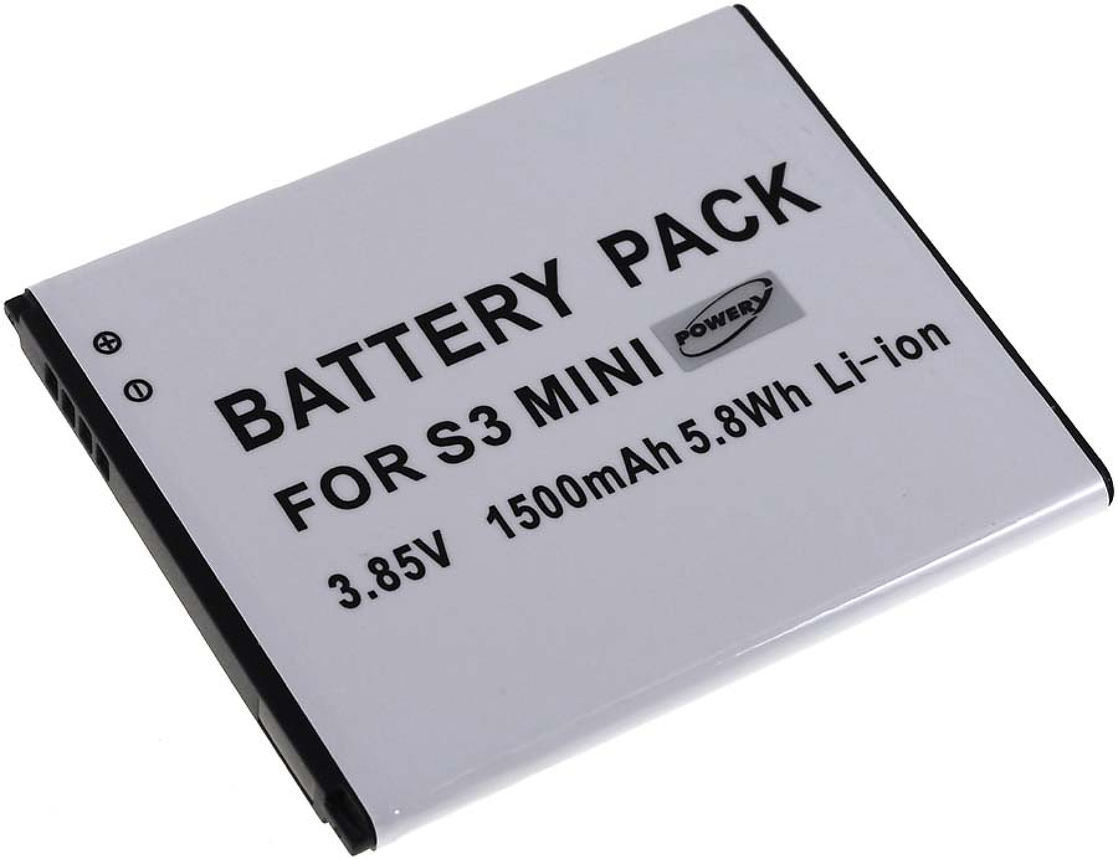 Un paquete de baterías blanco etiquetado 'BATTERY PACK FOR S3 MINI' e información técnica.