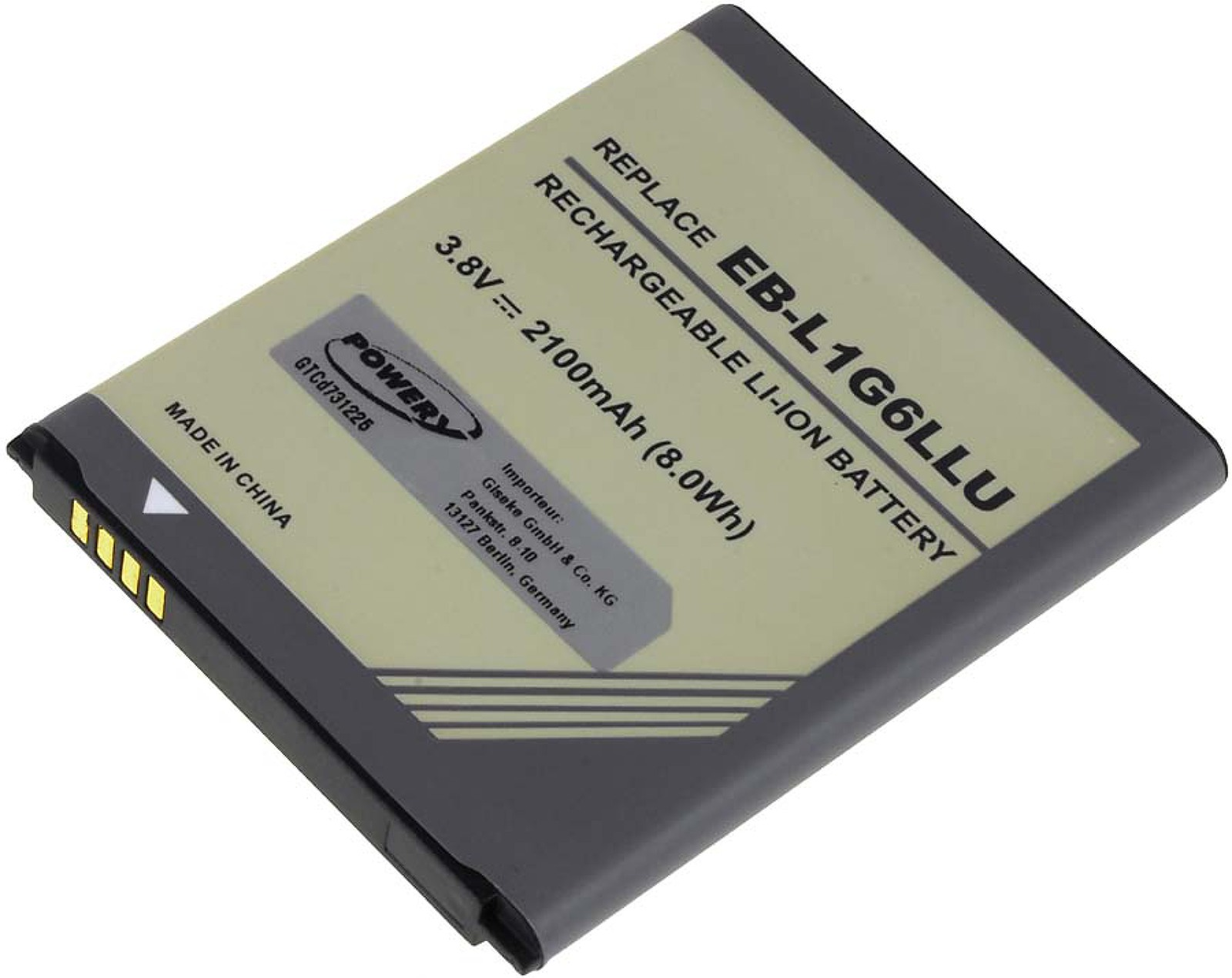 Una batería rectangular con el texto "RECHARGEABLE LI-ION BATTERY" y el logo "POWER".
