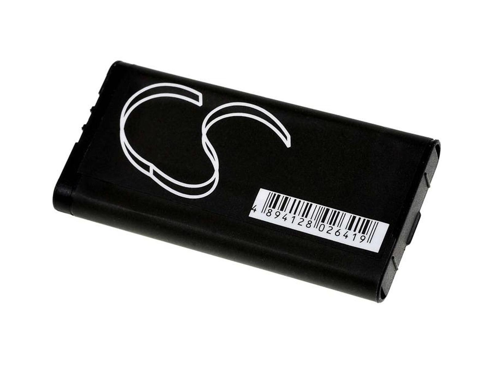 Ein schwarzer Akku mit weißem Etikett. Das Etikett hat das Markenlogo und einen Barcode.