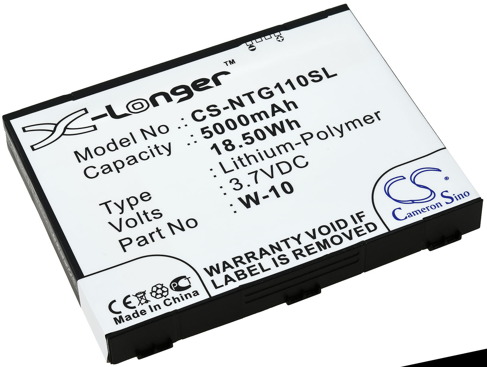 Batería rectangular con etiqueta blanca que muestra texto sobre el modelo y las especificaciones.