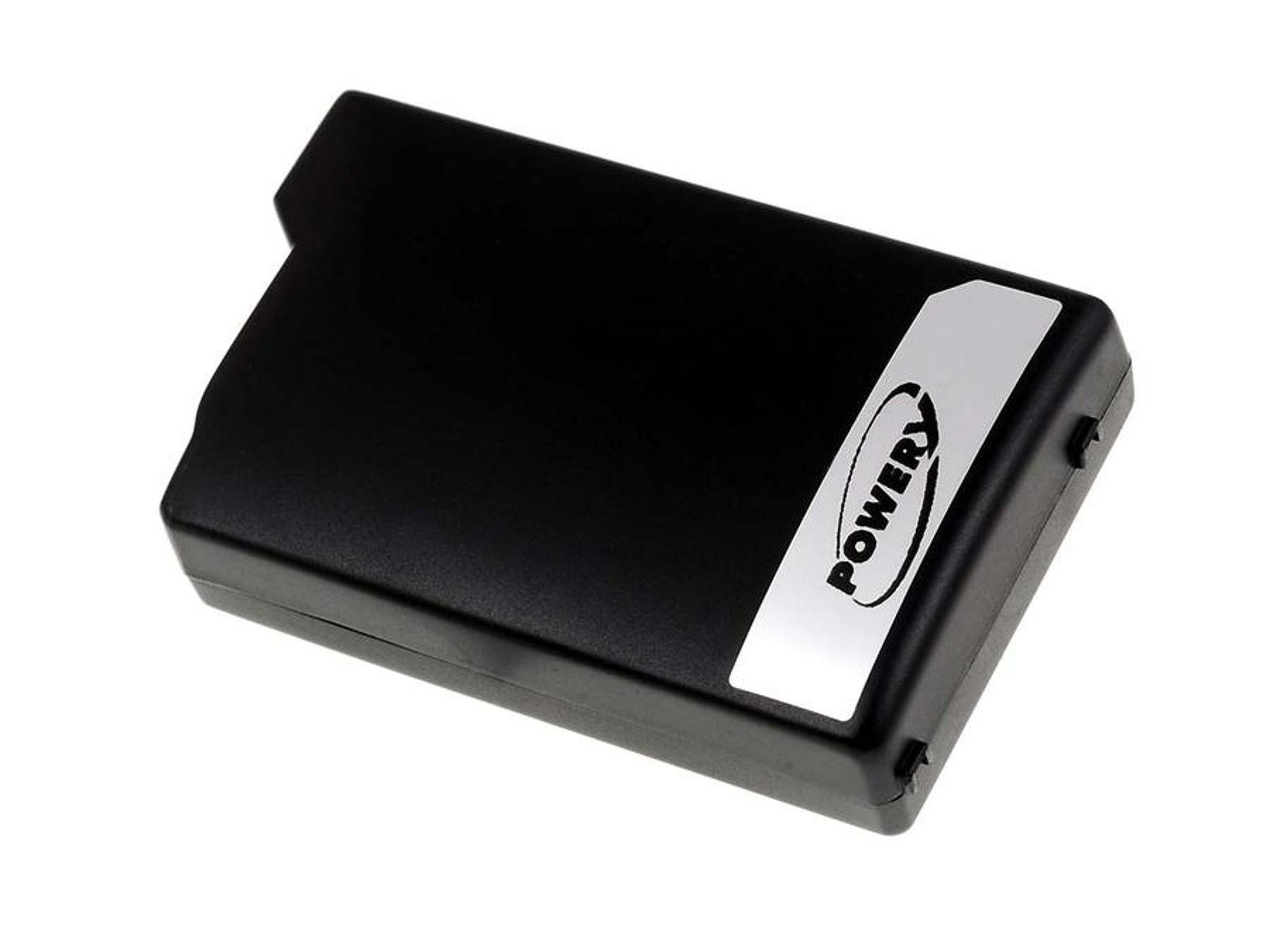 Eine schwarze Batterie mit einem silbernen Etikett mit der Aufschrift 'POWERY'. Es ist wahrscheinlich ein Ersatzakku.