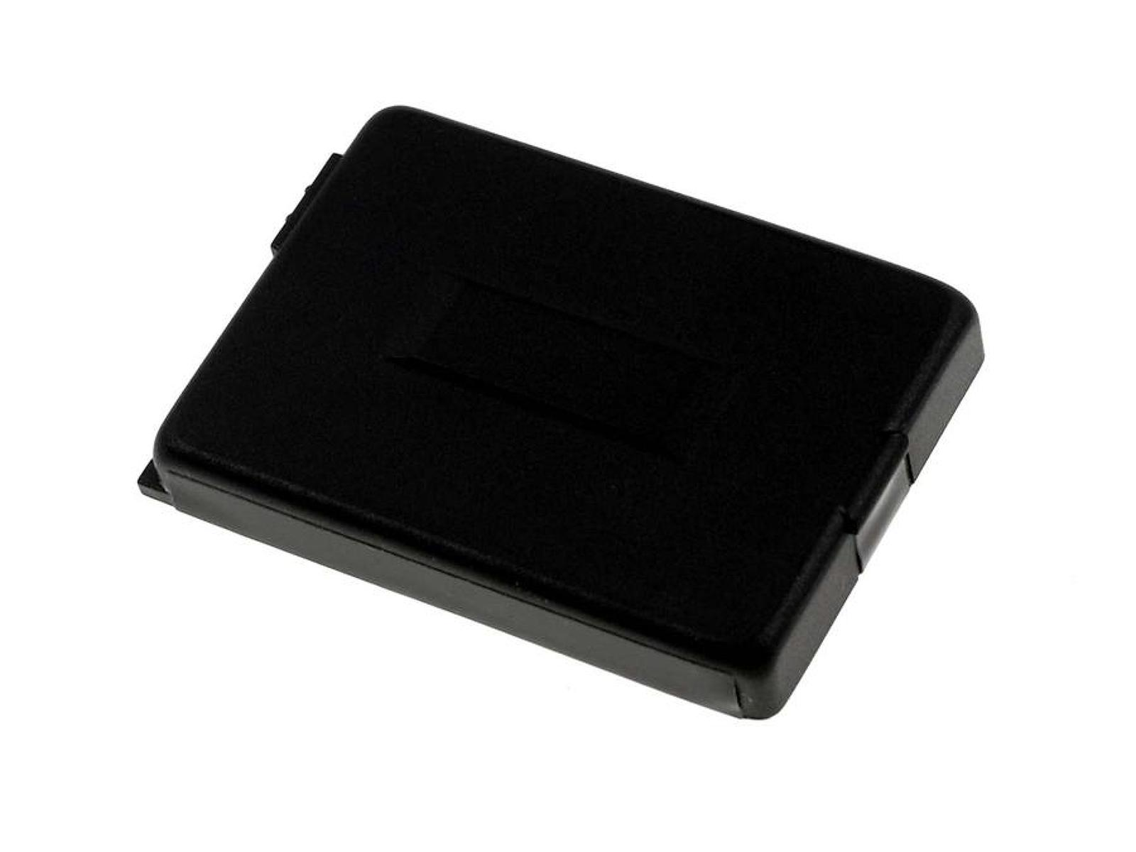 Batería negra sobre fondo blanco. Rectangular con forma ligeramente redondeada.