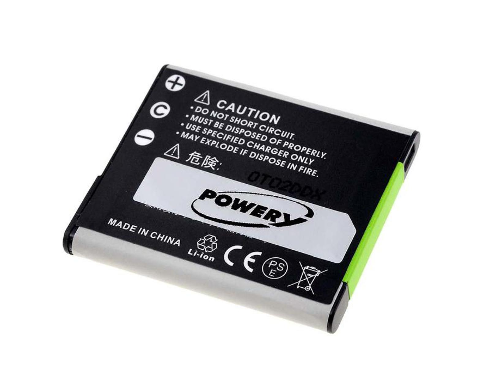 Batterie mit schwarz-silbernem Gehäuse, Vorsichtstext. Grüner Rand und weißer Hintergrund.