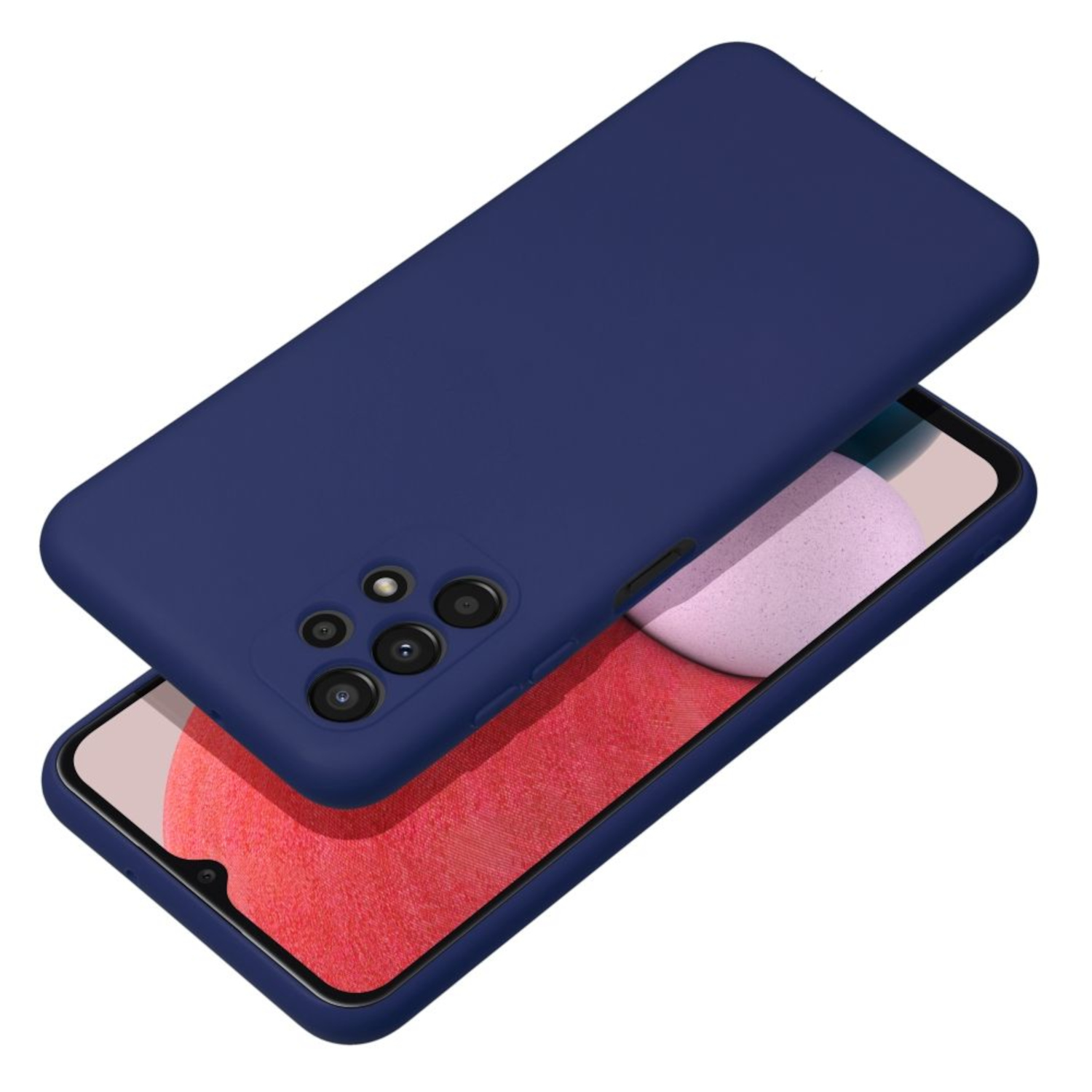 Blaue Handyhülle über einem Telefon, zeigt Kamera und Hülle.