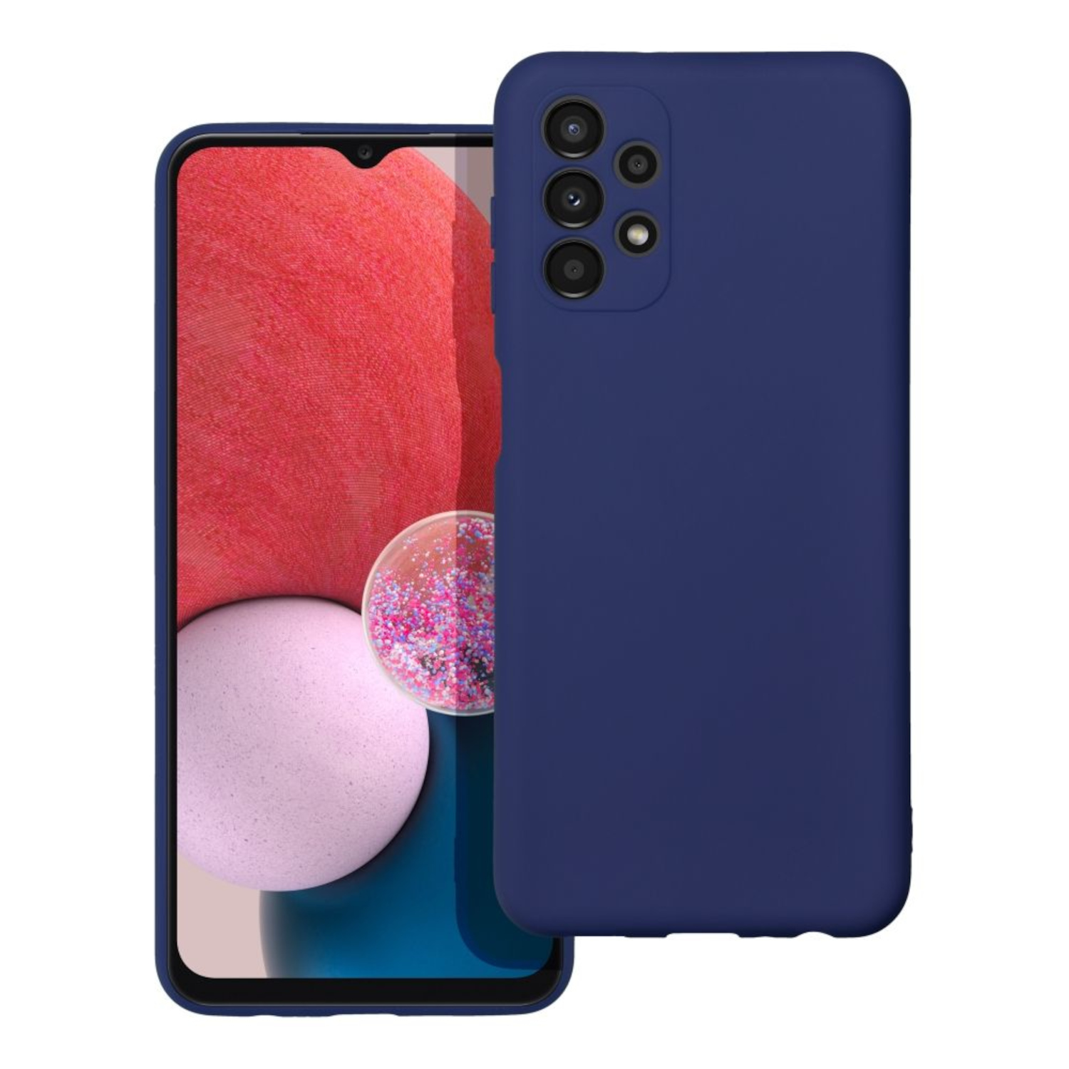 Blaue Handyhülle. Telefonbildschirm an. Handyhülle mit Kameraausbuchtung.