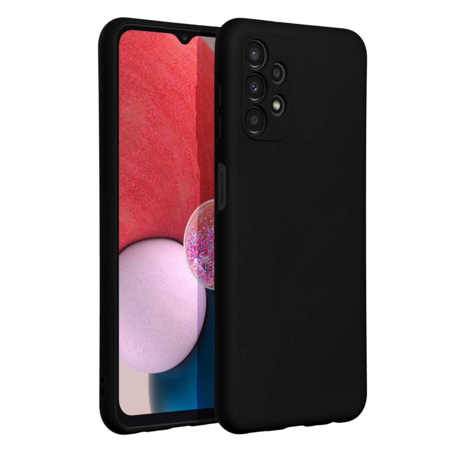 Schwarze Handyhülle, Telefon darin. Telefon mit Kameralinsen. Weißer Hintergrund.