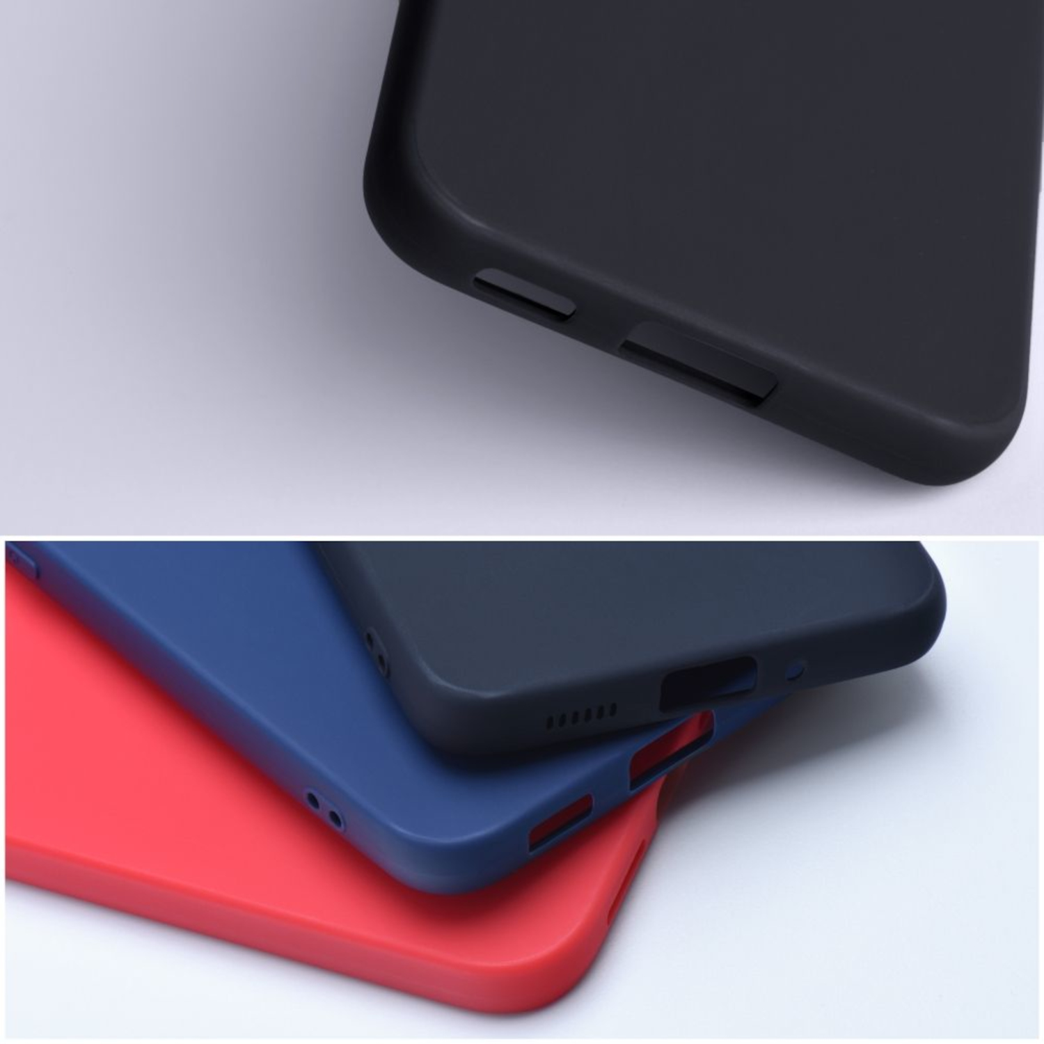 Draufsicht auf drei Handyhüllen: schwarz, blau und rot. Sie sind glatt und minimalistisch.