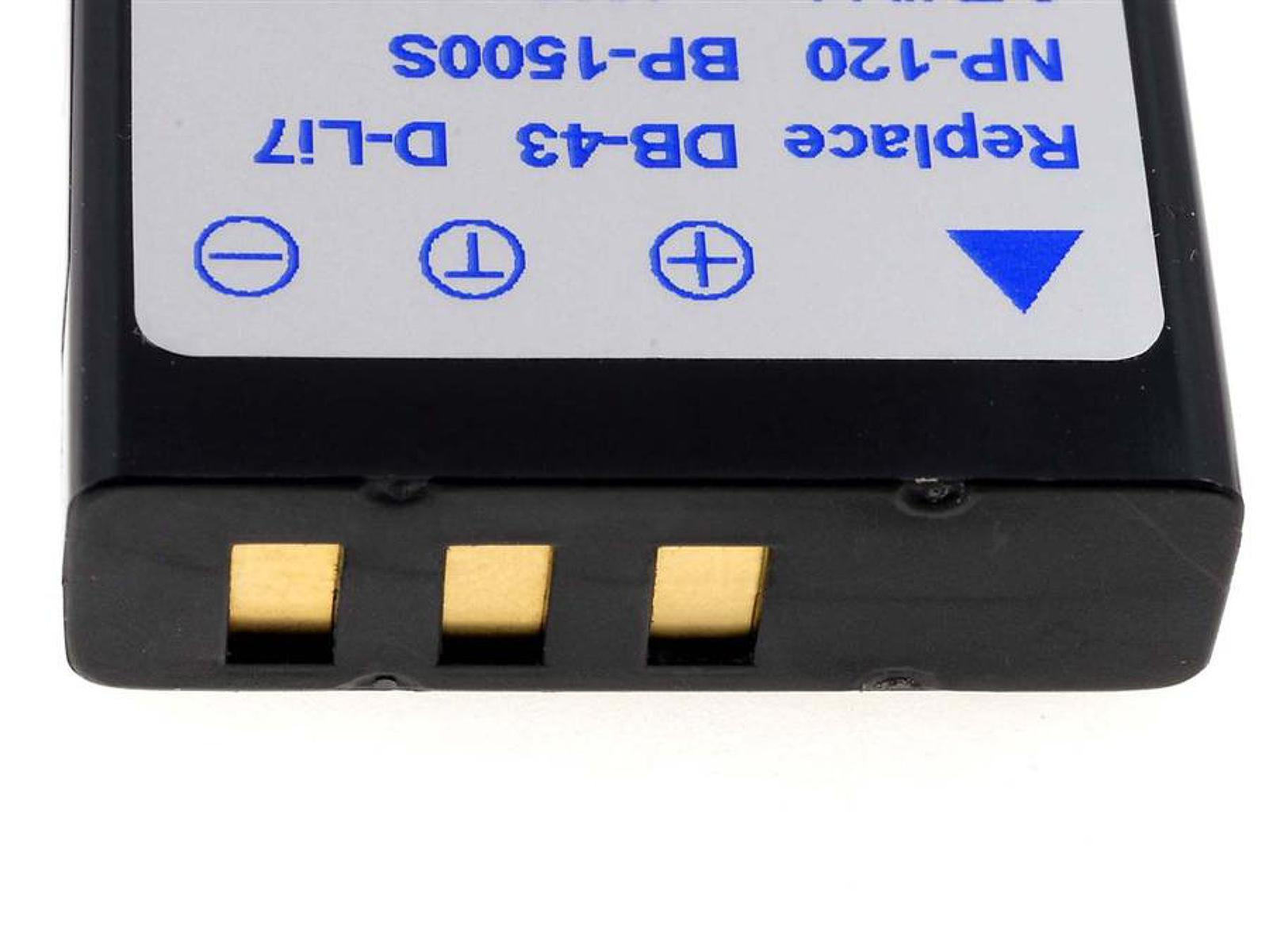 Schwarzer Akku mit drei goldenen Kontaktpunkten und Text: Replace DB-43 D-LI7, NP-120 BP-150S.