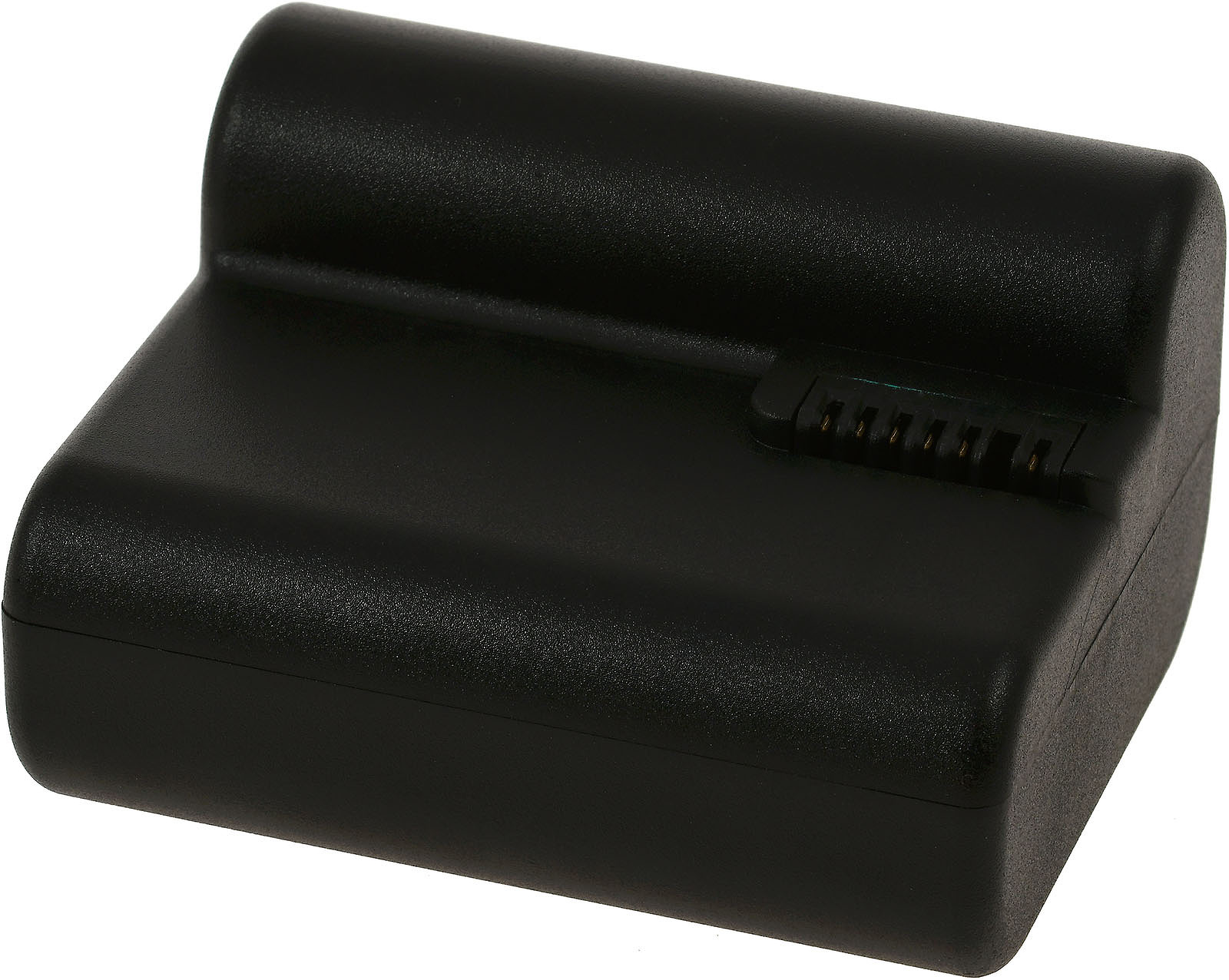Cargador de batería negro con parte superior curvada y conector.