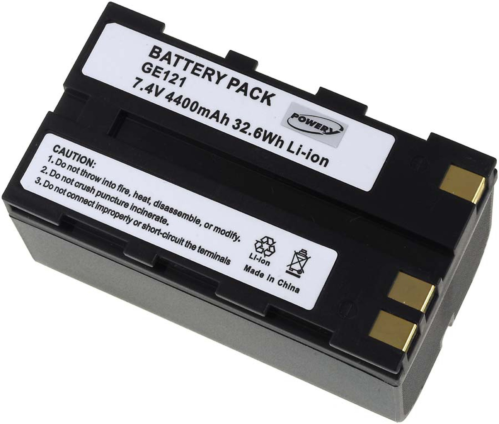 Paquete de baterías negro con etiqueta blanca. Texto 'Battery Pack', advertencias y logo.