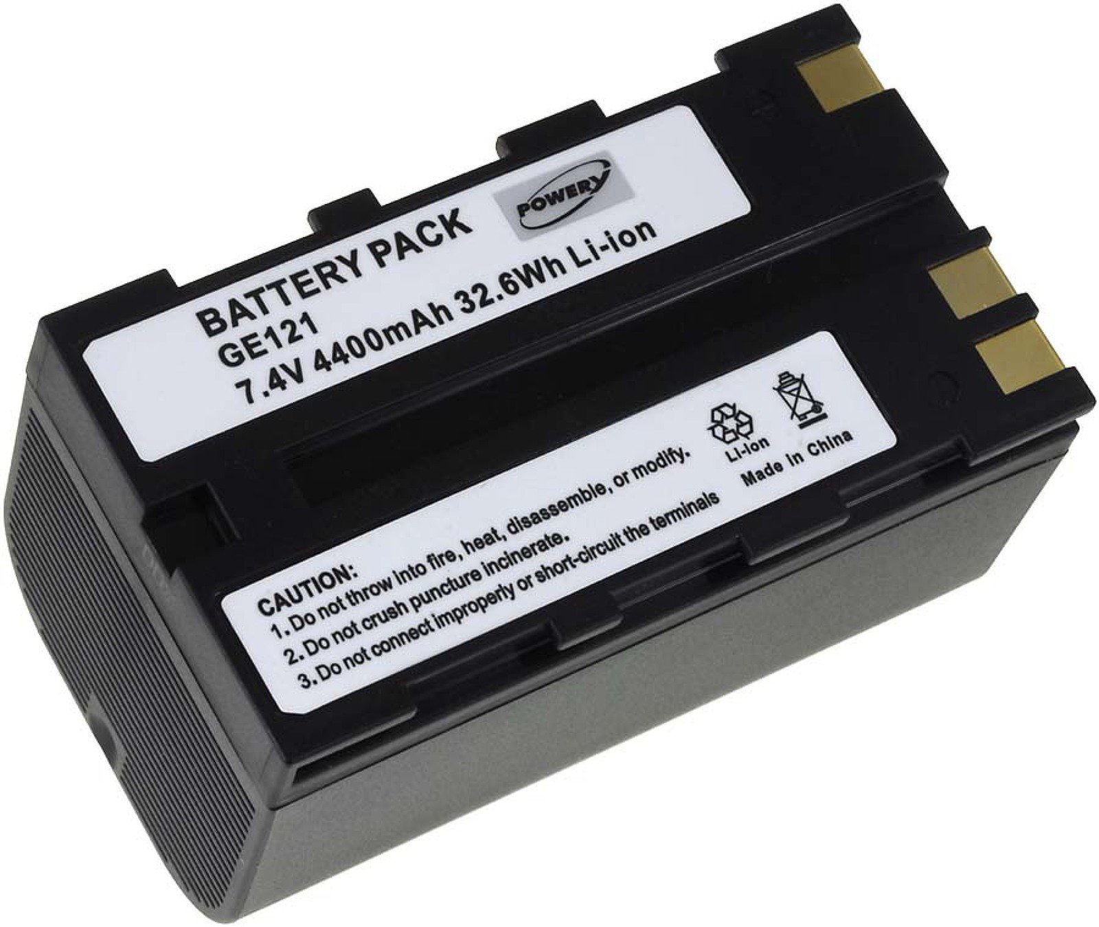 Paquete de baterías negro con etiqueta blanca, texto e instrucciones de precaución.