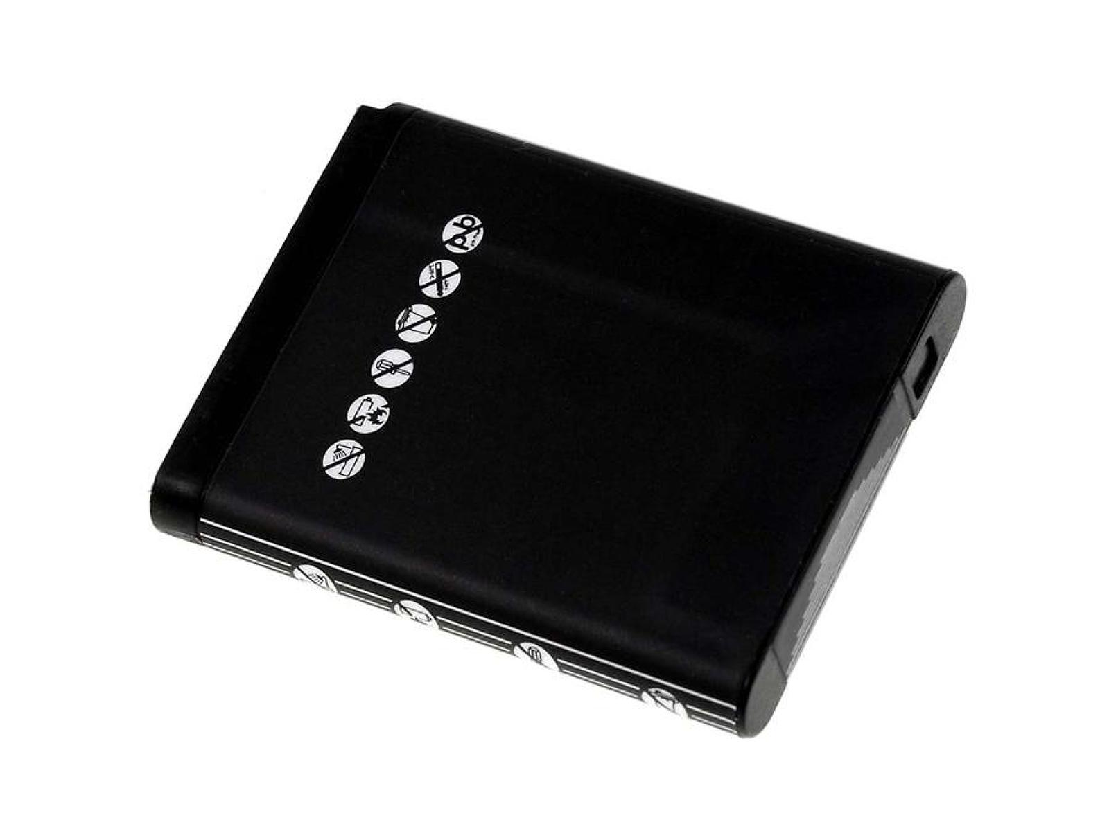 Batería negra rectangular con símbolos. Tiene bordes redondeados y un pequeño recorte en un lado.