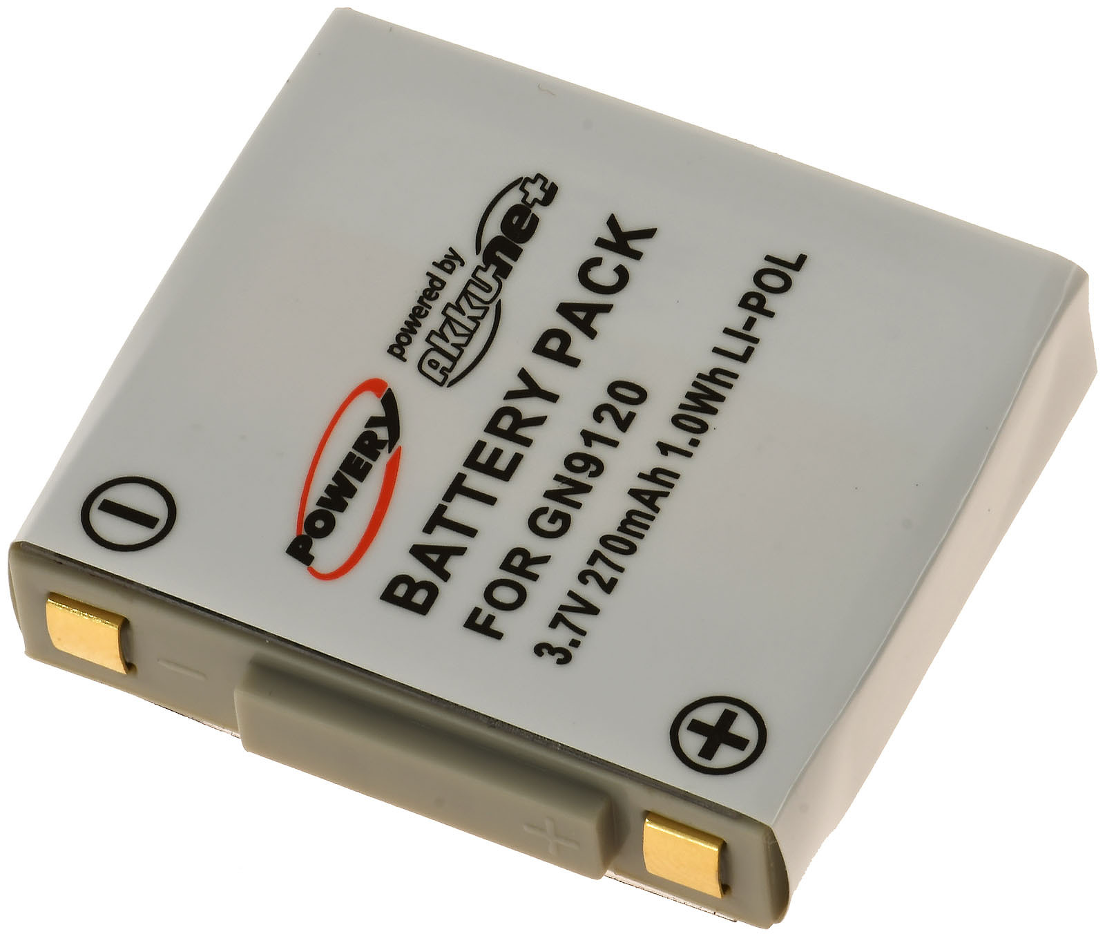 Paquete de baterías con texto: POWER, BATTERY PACK, GN9120, 3.7V 270mAh. Colores gris y dorado.