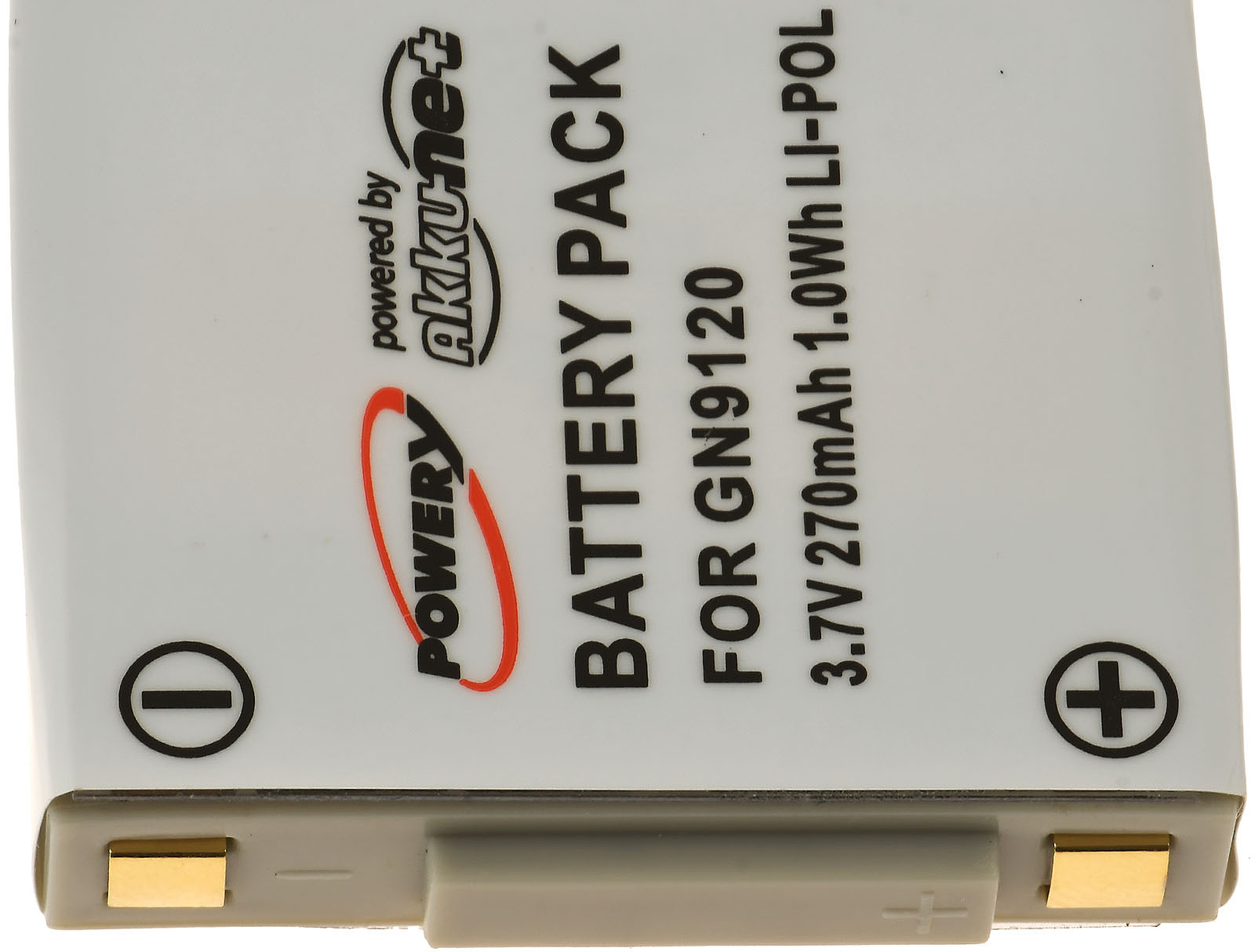 Paquete de batería blanco con texto rojo y negro. 'Battery Pack For GN9120'.