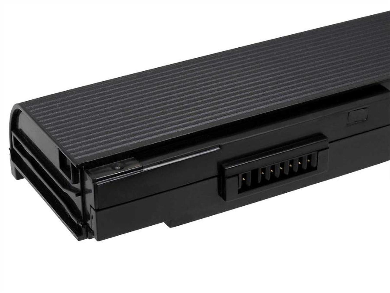 Schwarzer Laptop-Akku mit Stecker, Nahaufnahme auf weißem Grund.