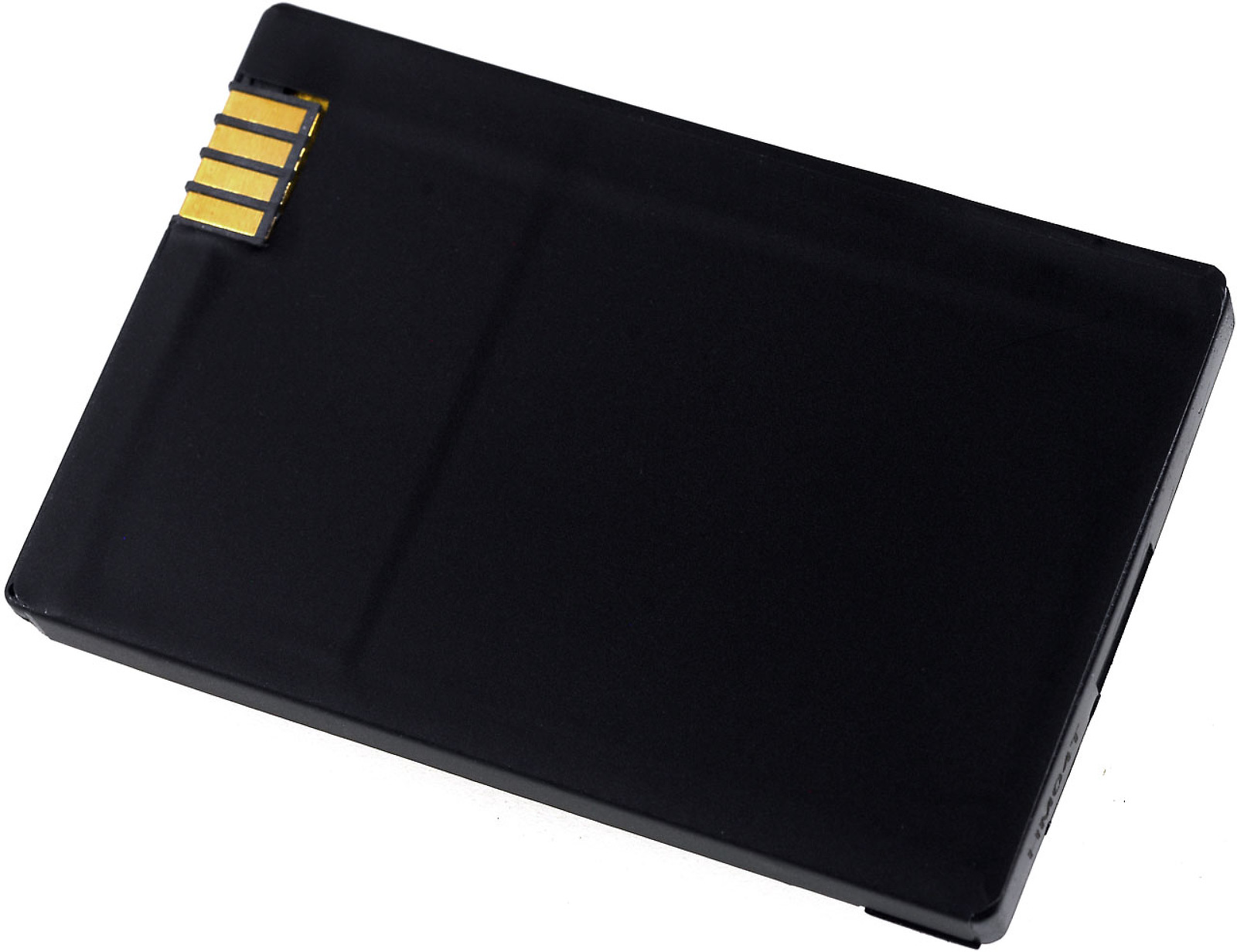 Una batería negra, rectangular con un conector dorado en un extremo. El fondo es blanco.