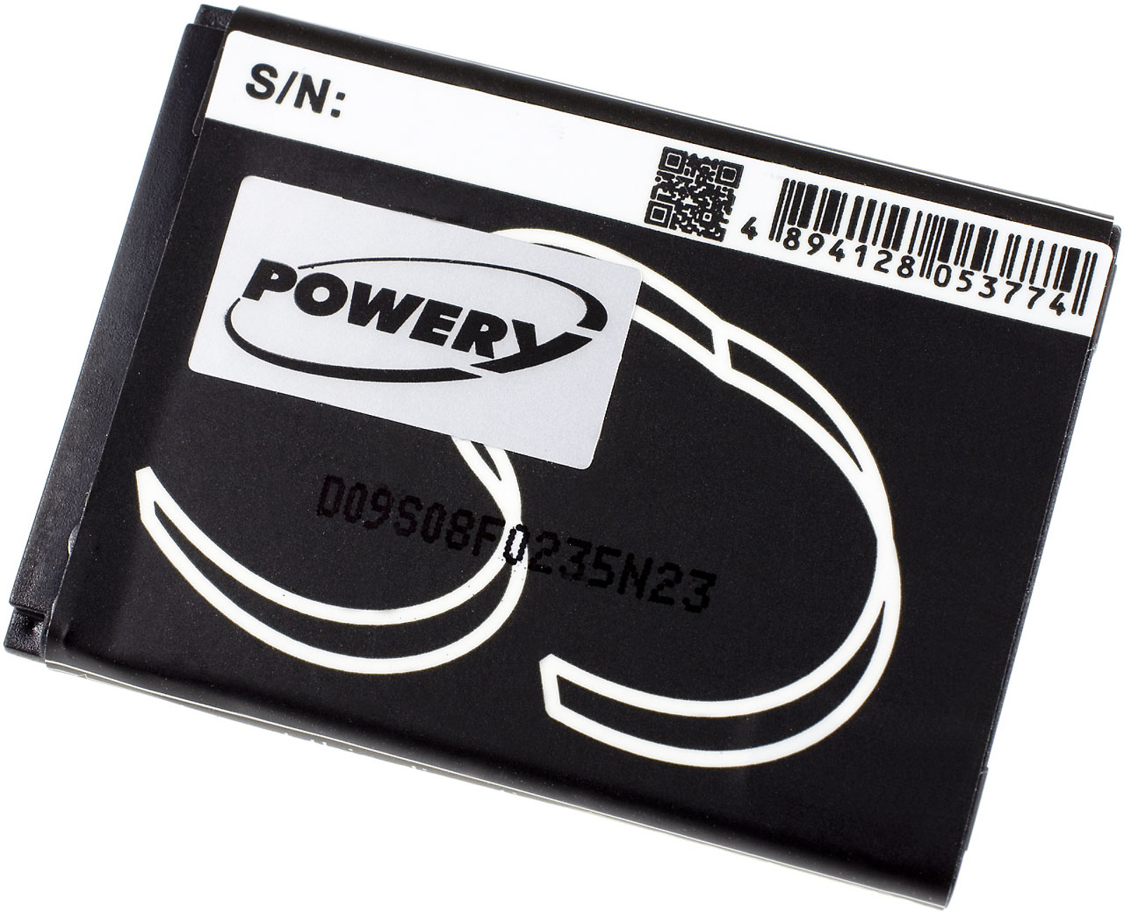 Una batería negra con una etiqueta 'POWERY' y un código QR. Tiene un número de serie y otra información.