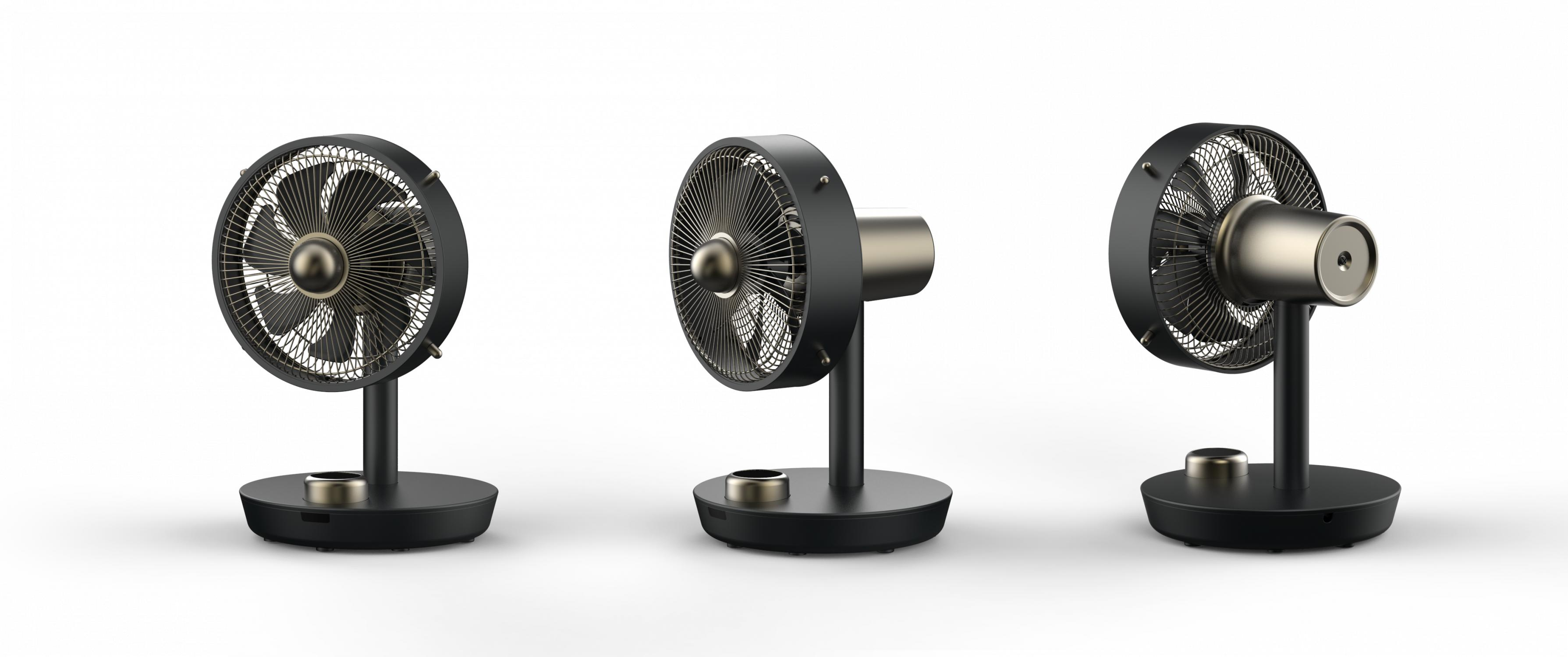 Drei schwarze Ventilatoren mit Golddetails, alle mit weißem Hintergrund.