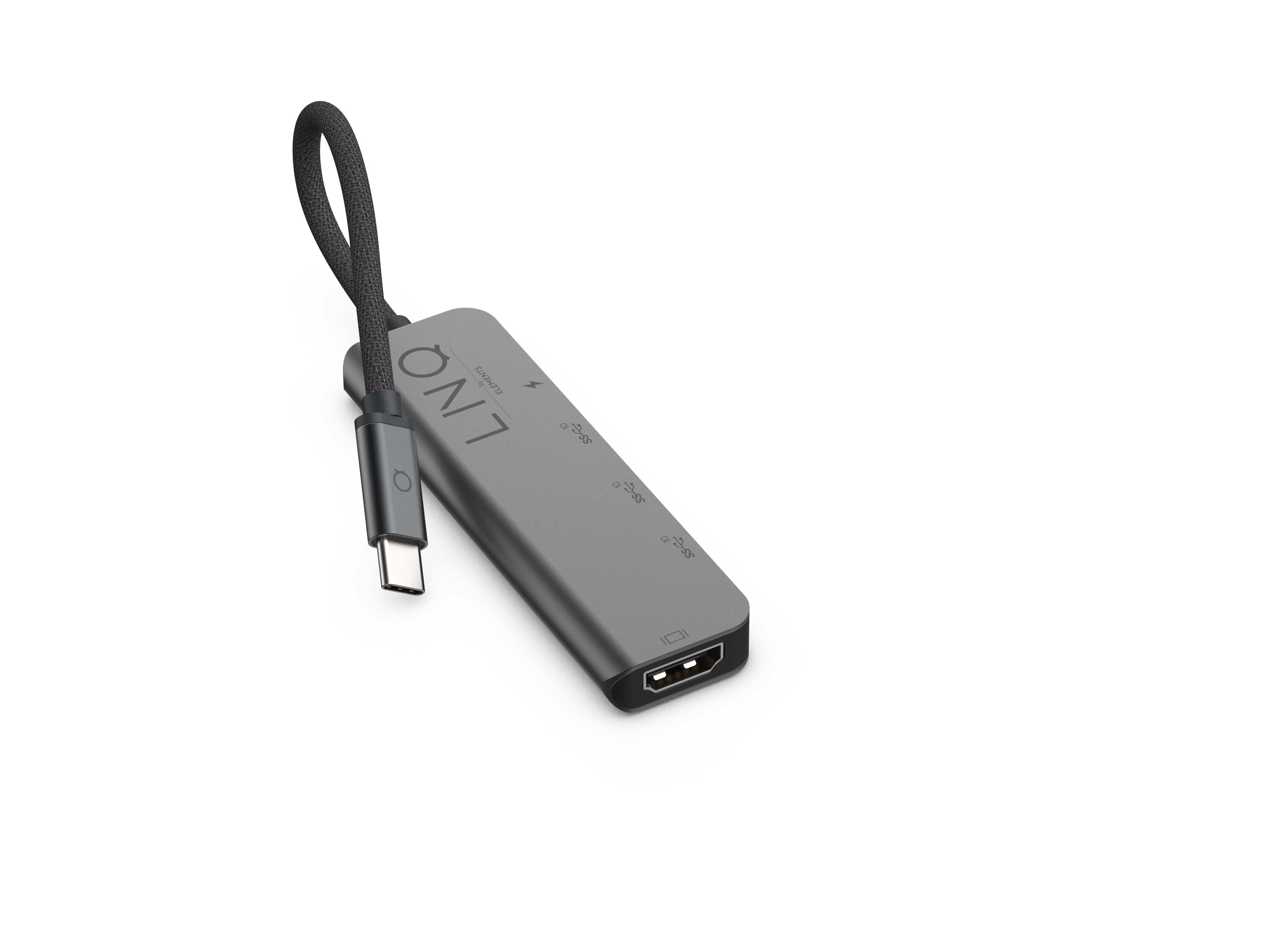 Un adattatore multi-porta grigio ha un connettore USB-C e un cordino nero. Sfondo bianco.