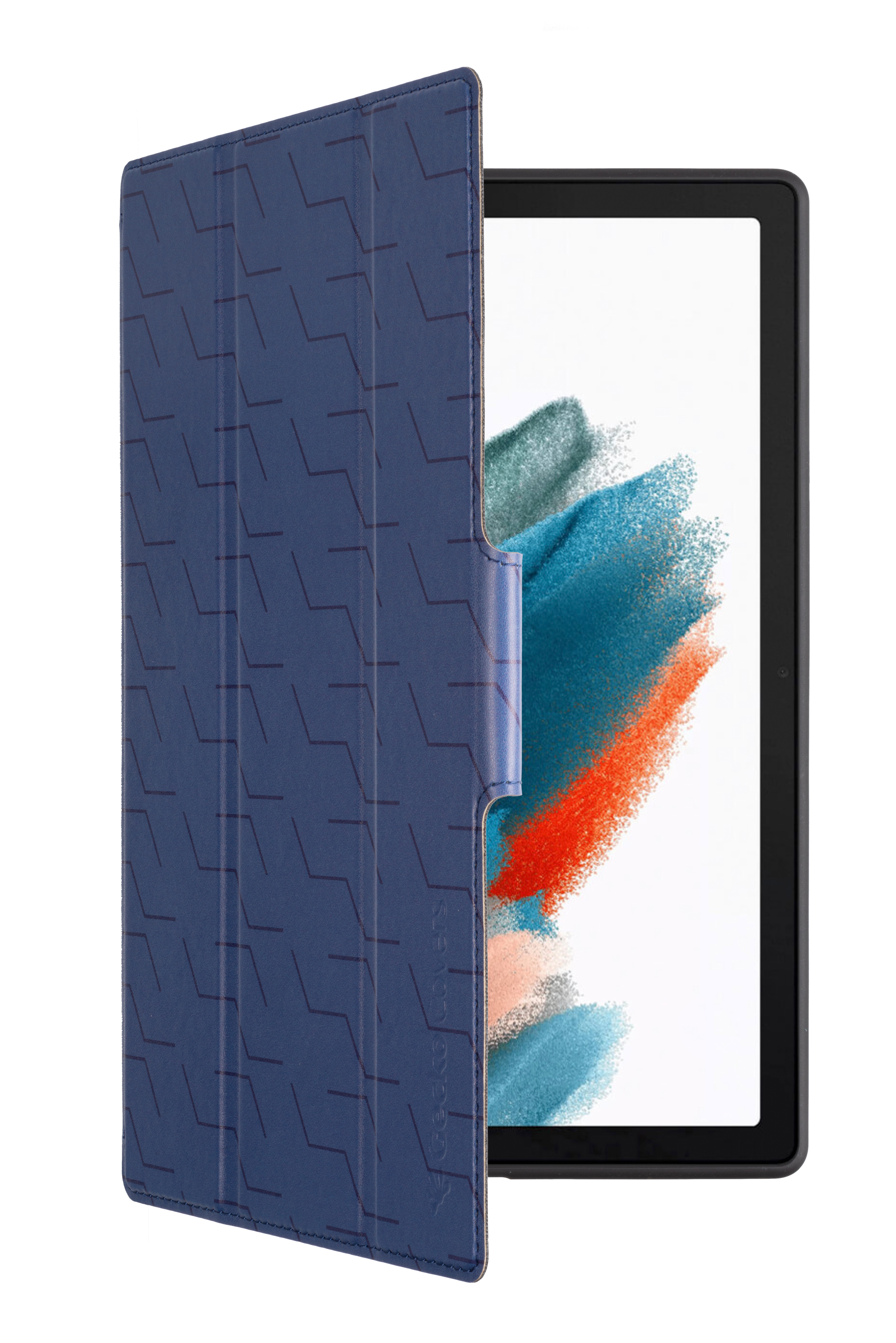 Blau gemusterte Tablethülle, offen, zeigt einen Tablet-Bildschirm.