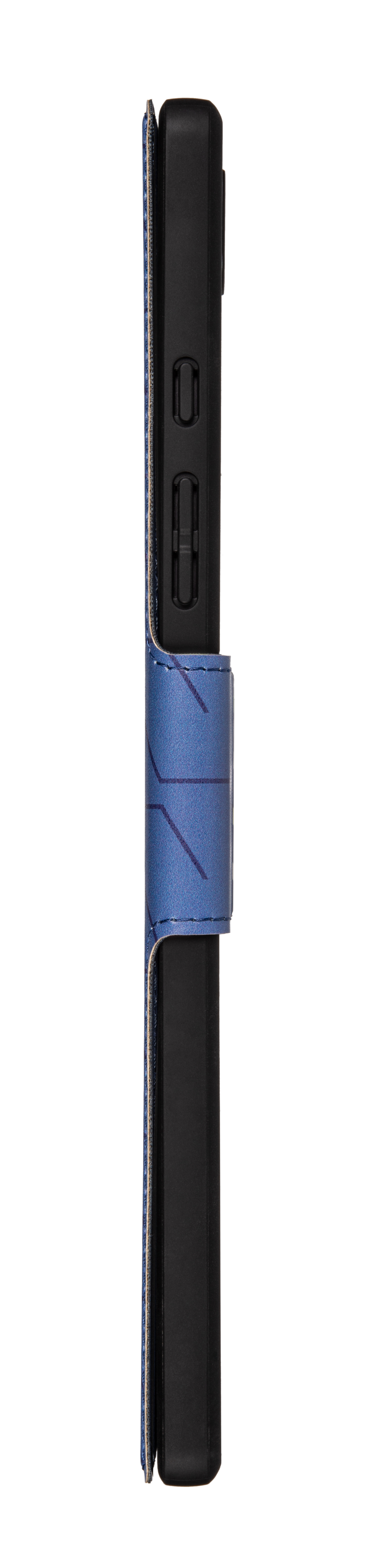 Ein Telefon in einem blauen, gemusterten Gehäuse, von der Seite gesehen.
