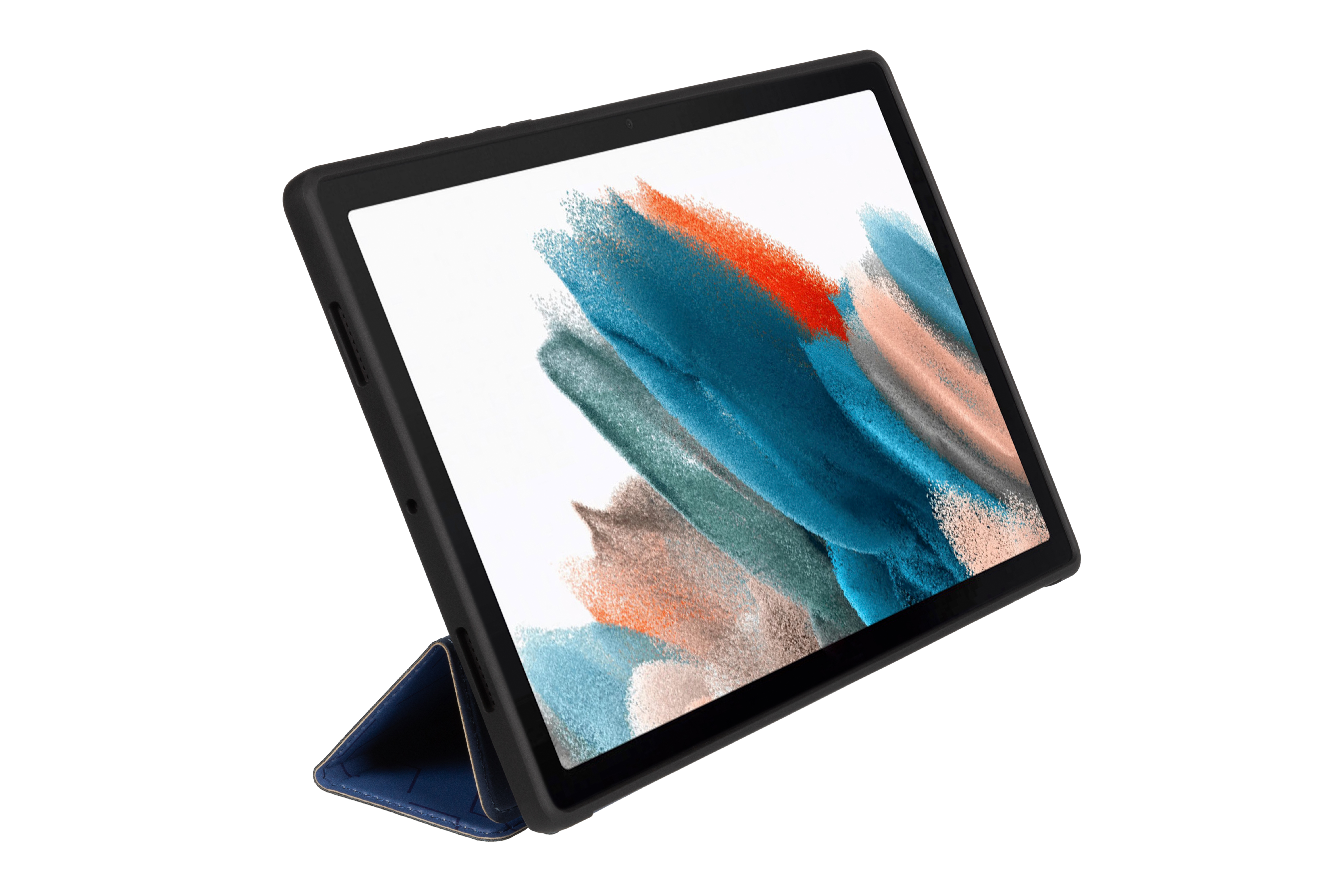 Schwarzes Tablet in einem Case auf einem Ständer, zeigt farbigen Bildschirm, weißer Hintergrund.