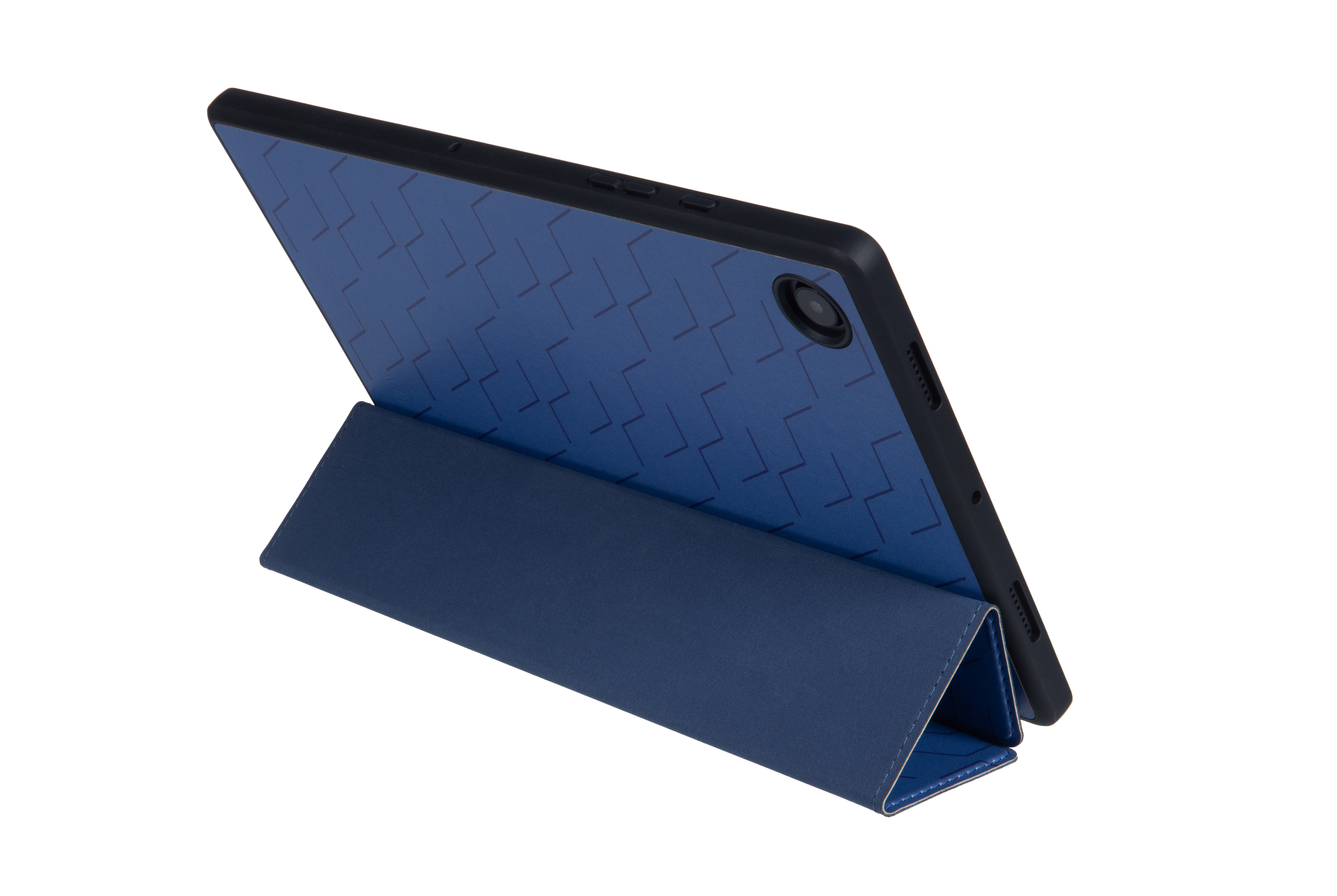Ein blaues Tablet in einem Ständer. Das Tablet zeigt eine strukturierte Rückseite und eine Kamera.