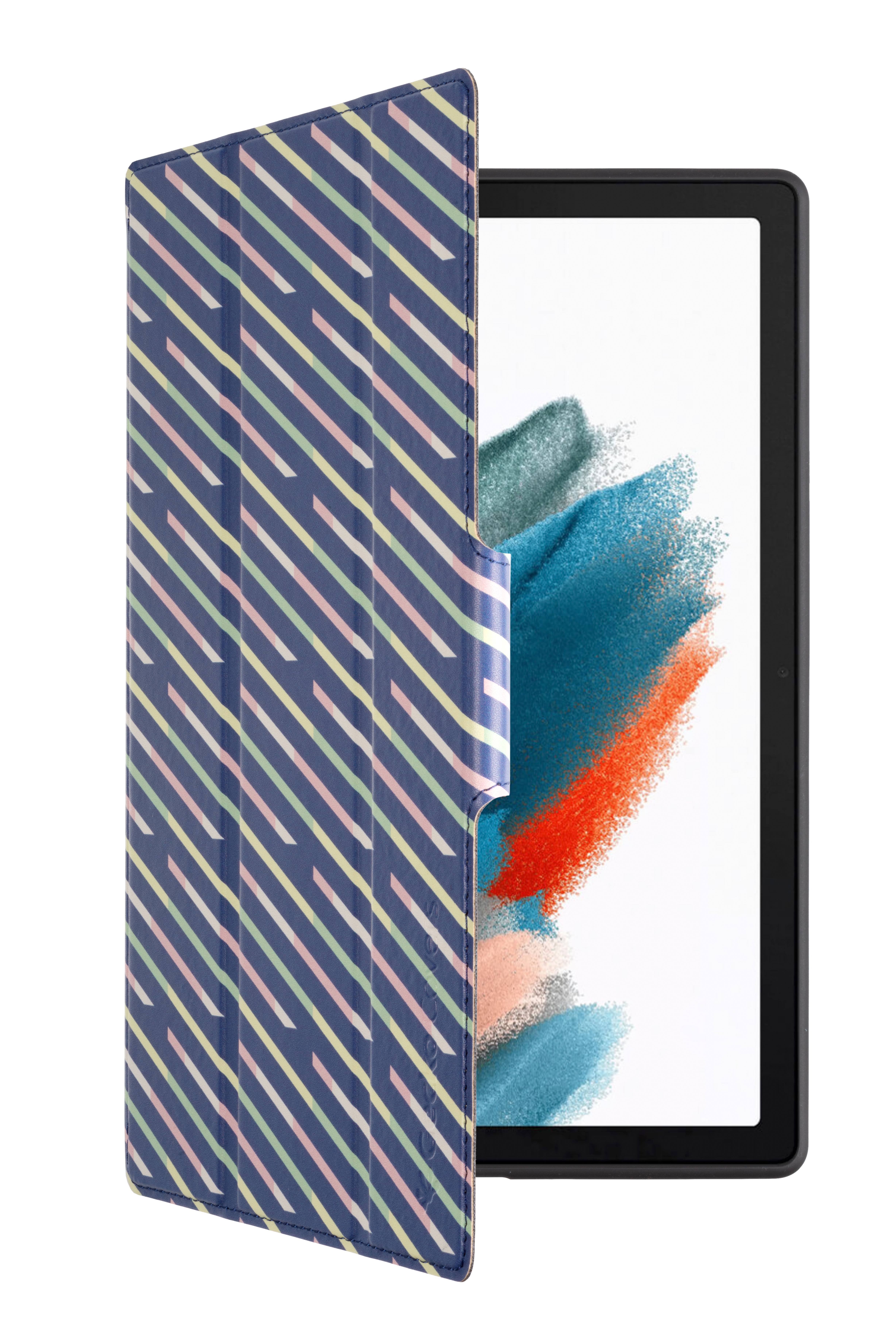 Tablet mit gemusterter Hülle. Die Hülle ist teilweise geöffnet, der Bildschirm sichtbar.