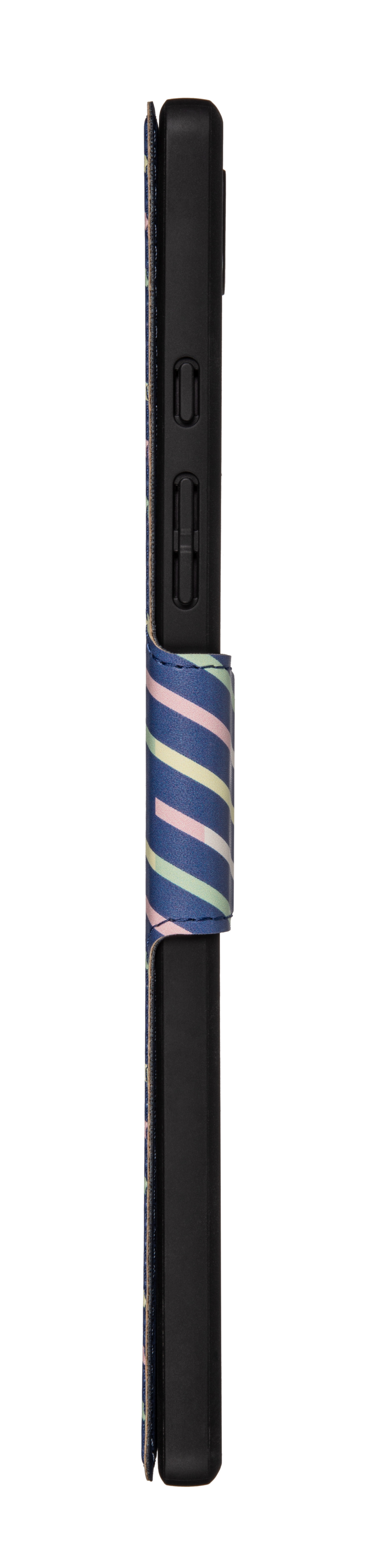 Eine Handyhülle, schwarz, mit blauem, rosa und gelbem Streifen.