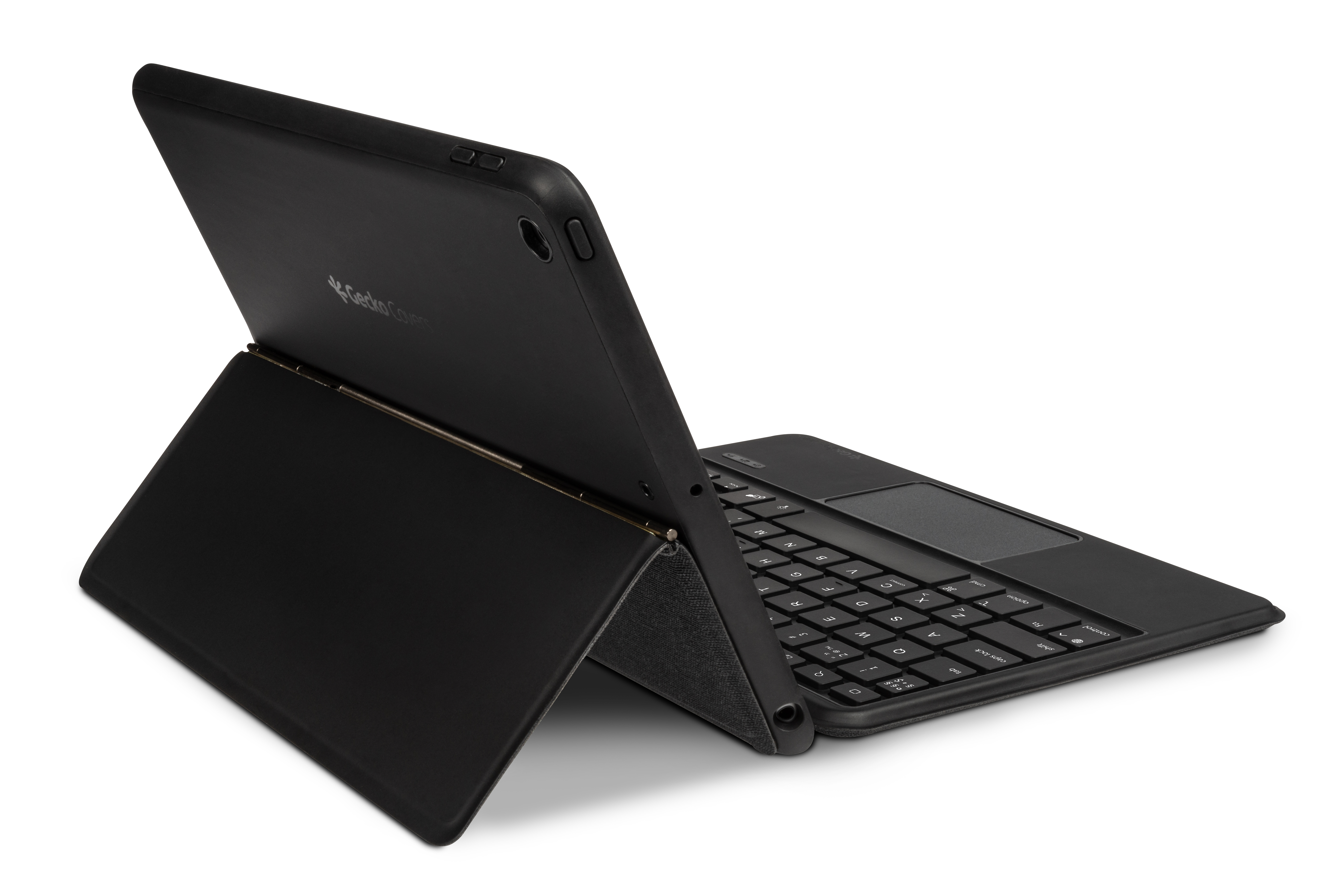 Schwarze Tablet-Tastaturhülle. Das Tablet ist schwarz mit Tastatur und öffnet sich wie ein Buch.