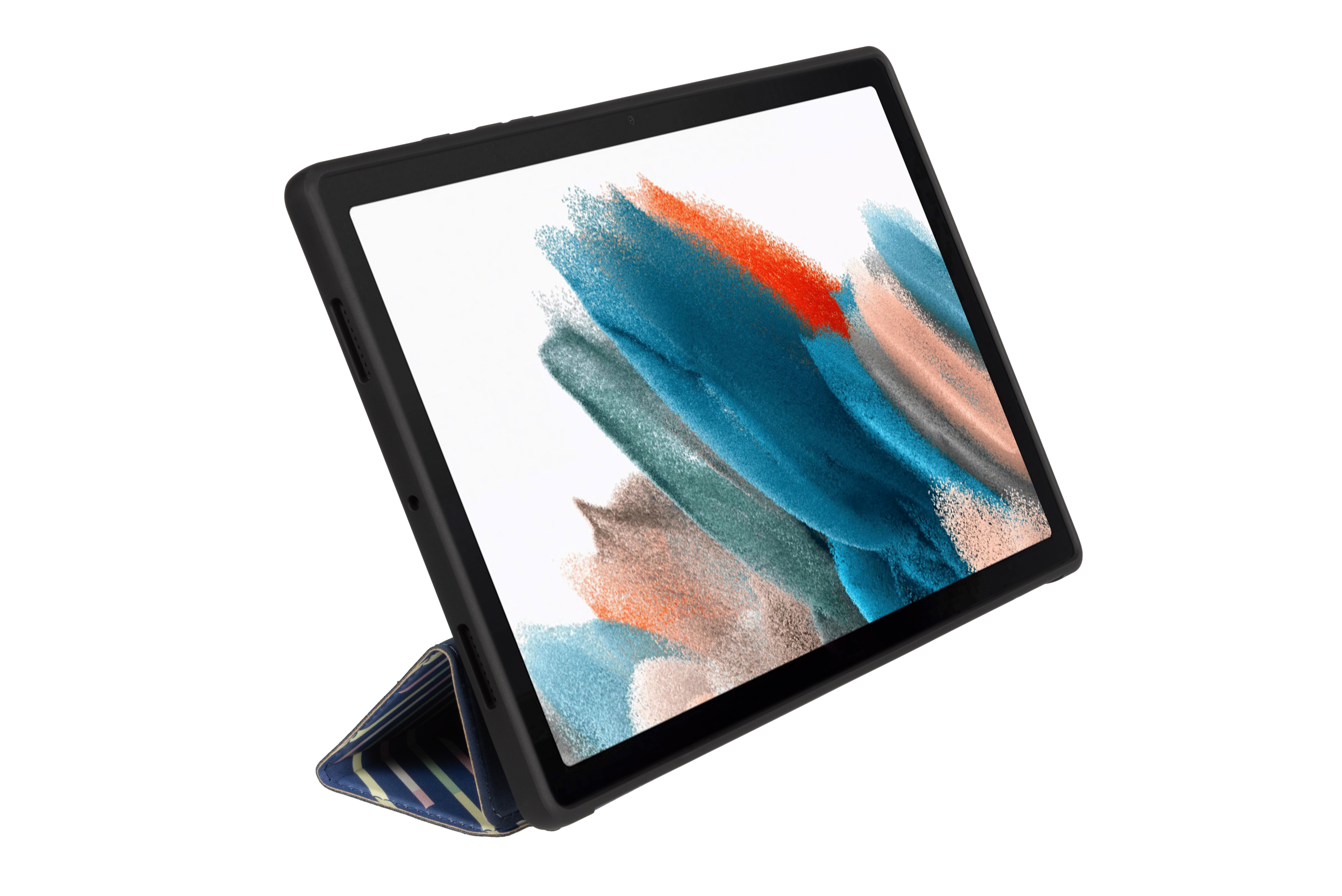 Ein Tablet in einer schwarzen Hülle mit Ständer, auf weißem Hintergrund.