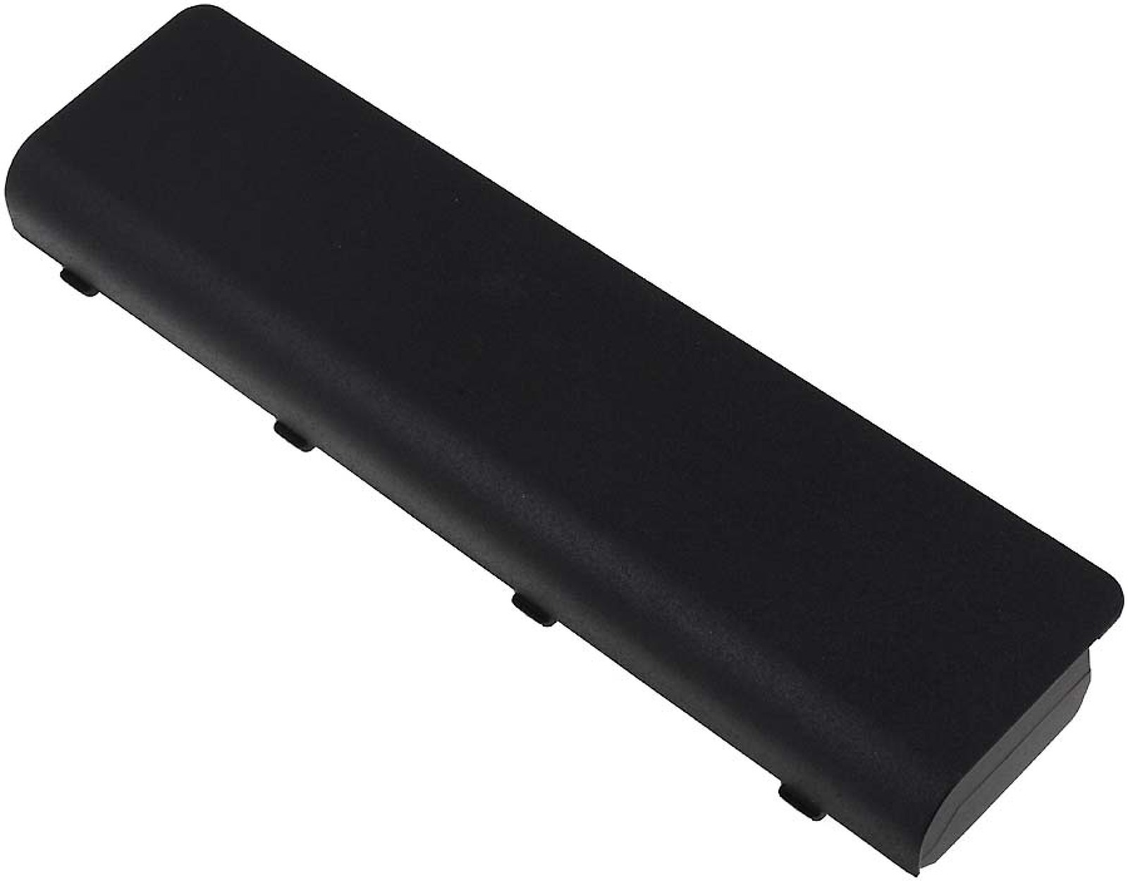 Batería de ordenador portátil negra. Forma rectangular con una ligera curva. Material plástico negro.