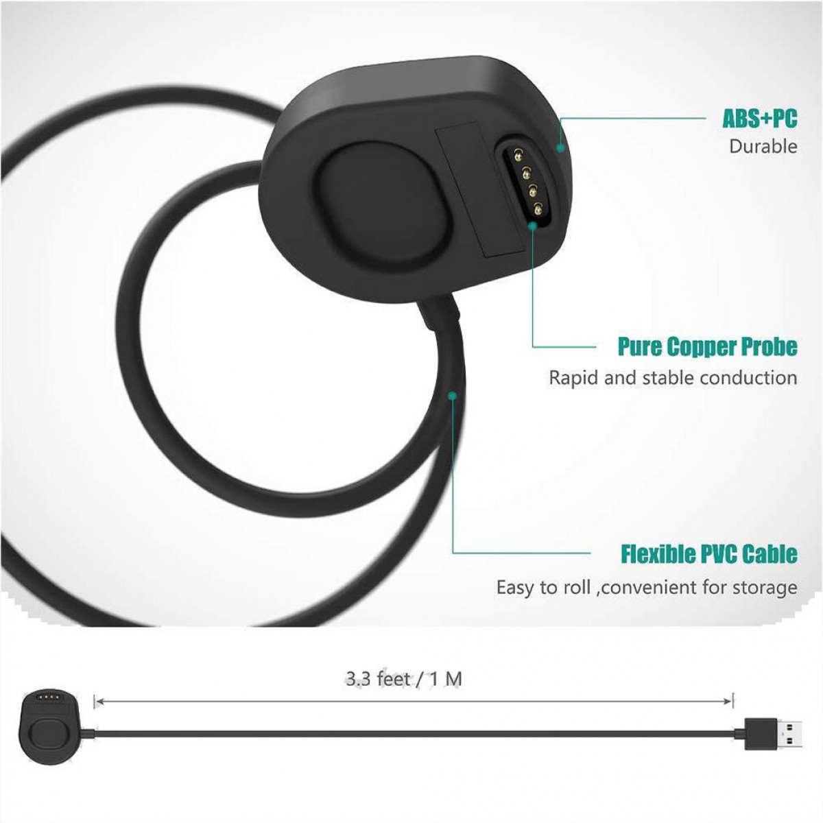 Czarny kabel ładujący. Kabel ma okrągłą podstawę ładującą i końcówkę USB.