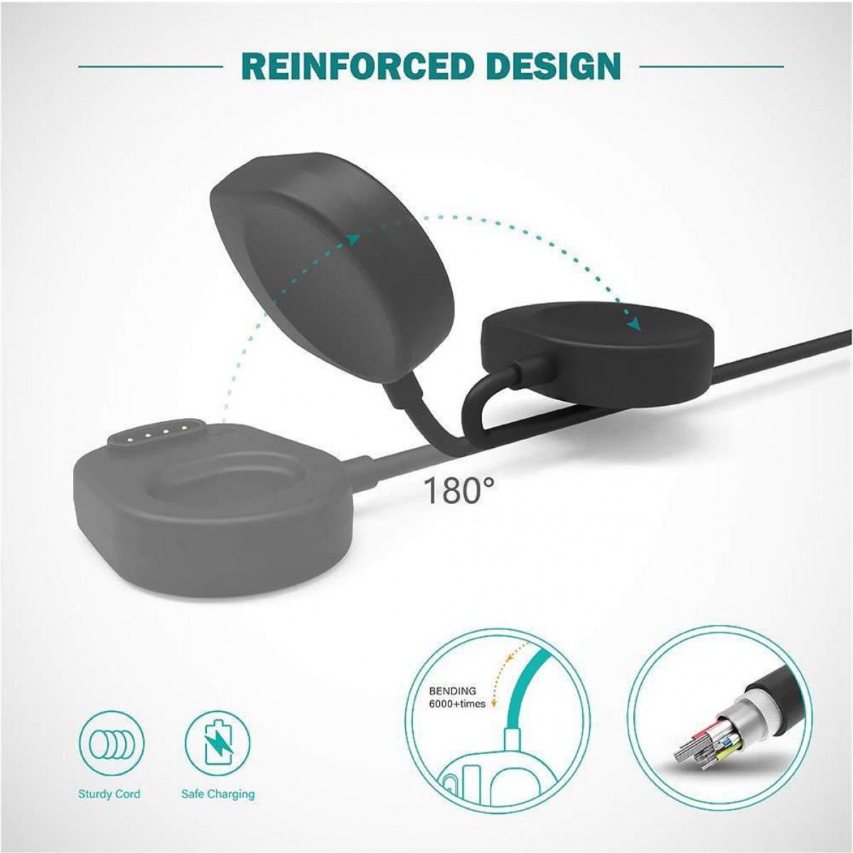 Czarna ładowarka do zegarka z trzema podkładkami ładującymi i czarnym kablem. Wzmocniona konstrukcja.