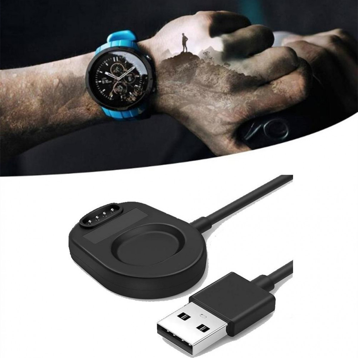 Smartwatch i stacja ładująca z kablem USB. Zegarek ma niebieski pasek.